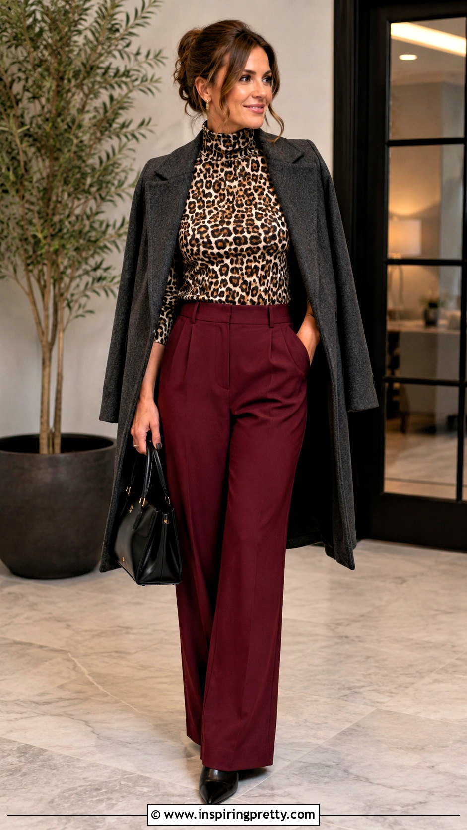 Leopard Print Turtleneck Top With Burgundy Trousers - 20 leopard print turtleneck top outfit ideas