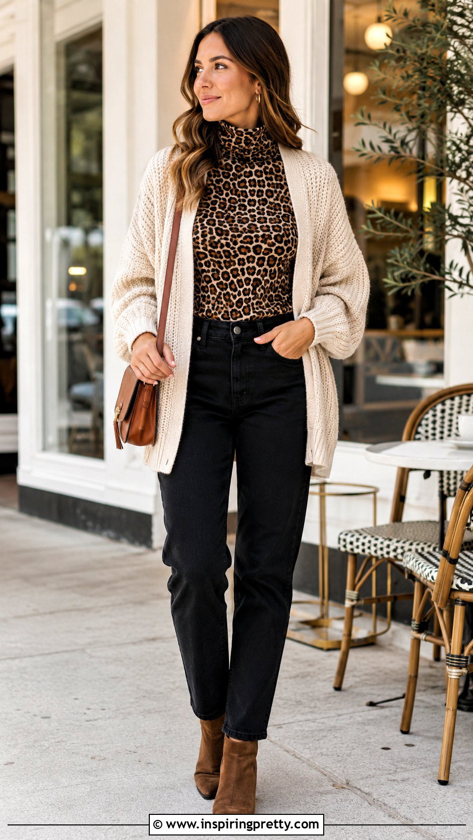 Leopard Print Turtleneck Top With Cardigan And Black Jeans - 20 leopard print turtleneck top outfit ideas