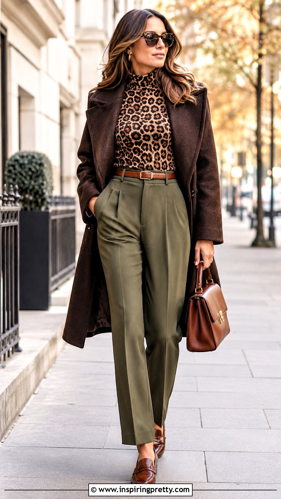 Leopard Print Turtleneck Top With Olive Pants - 20 leopard print turtleneck top outfit ideas
