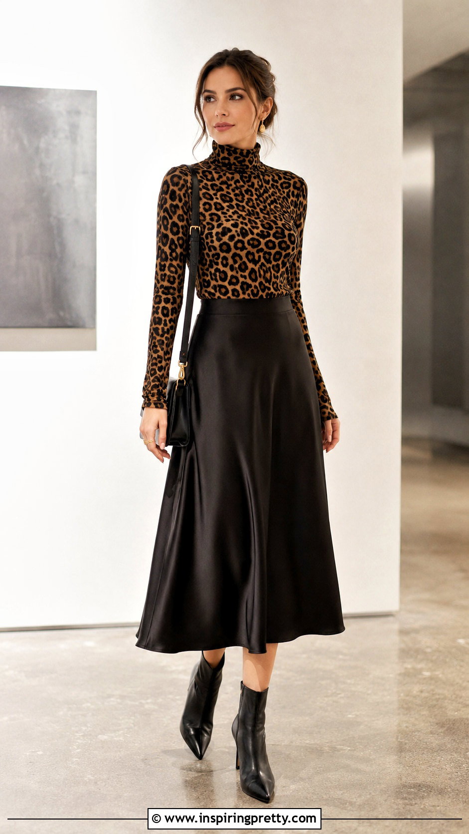 Leopard Print Turtleneck Top With Satin Midi Skirt - 20 leopard print turtleneck top outfit ideas