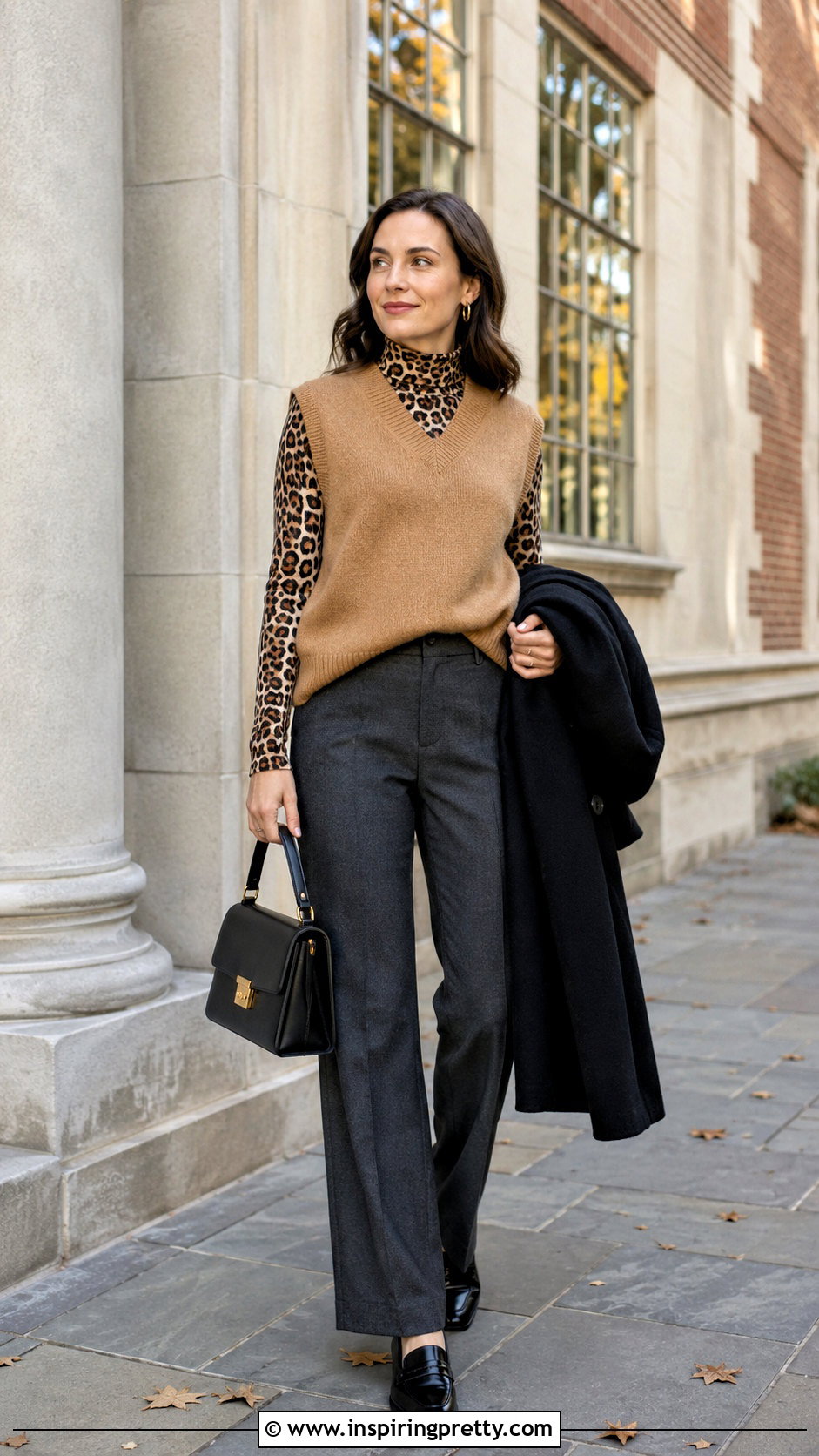 Leopard Print Turtleneck Top With Sweater Vest And Trousers - 20 leopard print turtleneck top outfit ideas