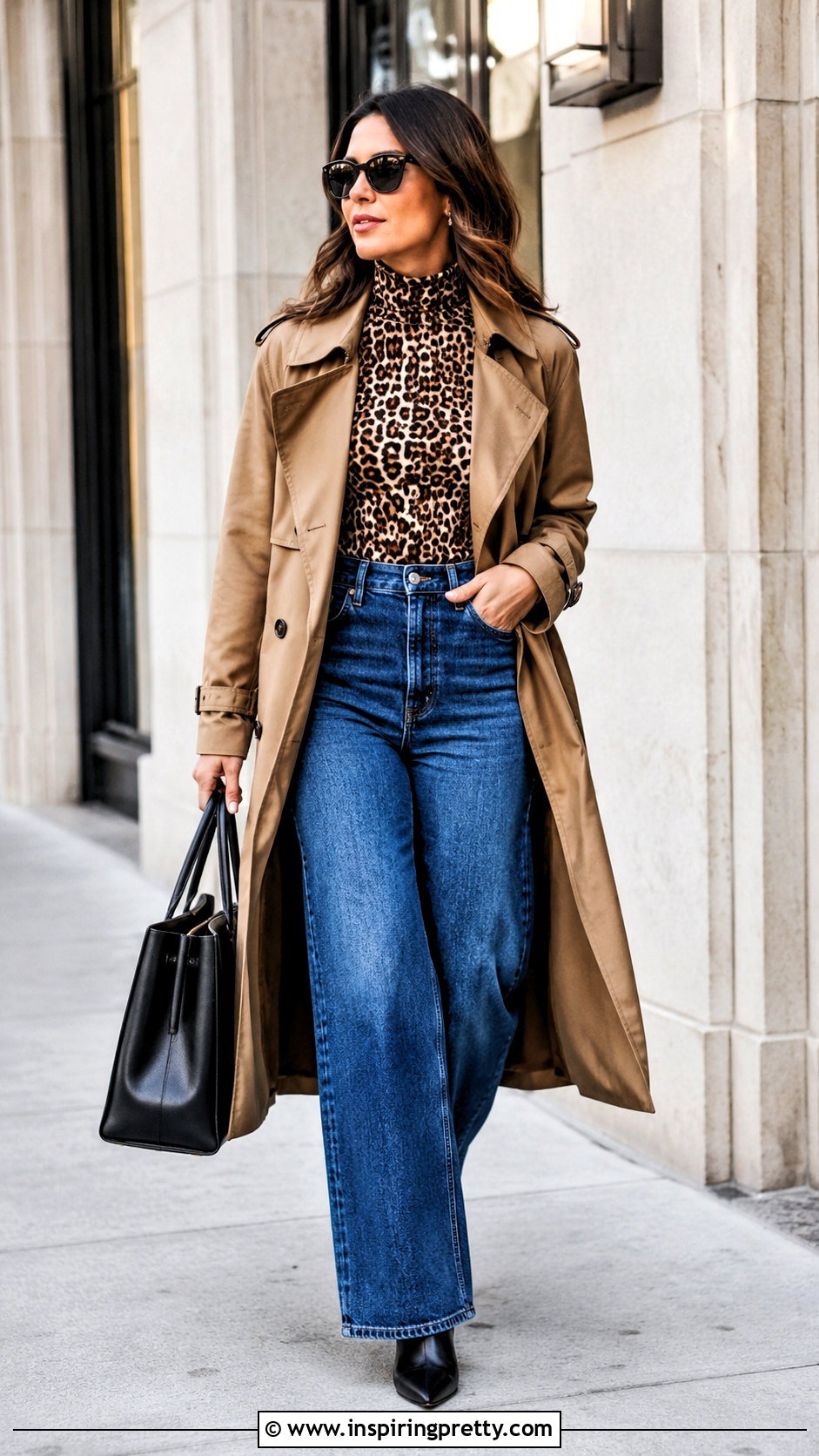 Leopard Print Turtleneck Top With Trench Coat And Wide Leg Jeans - 20 leopard print turtleneck top outfit ideas
