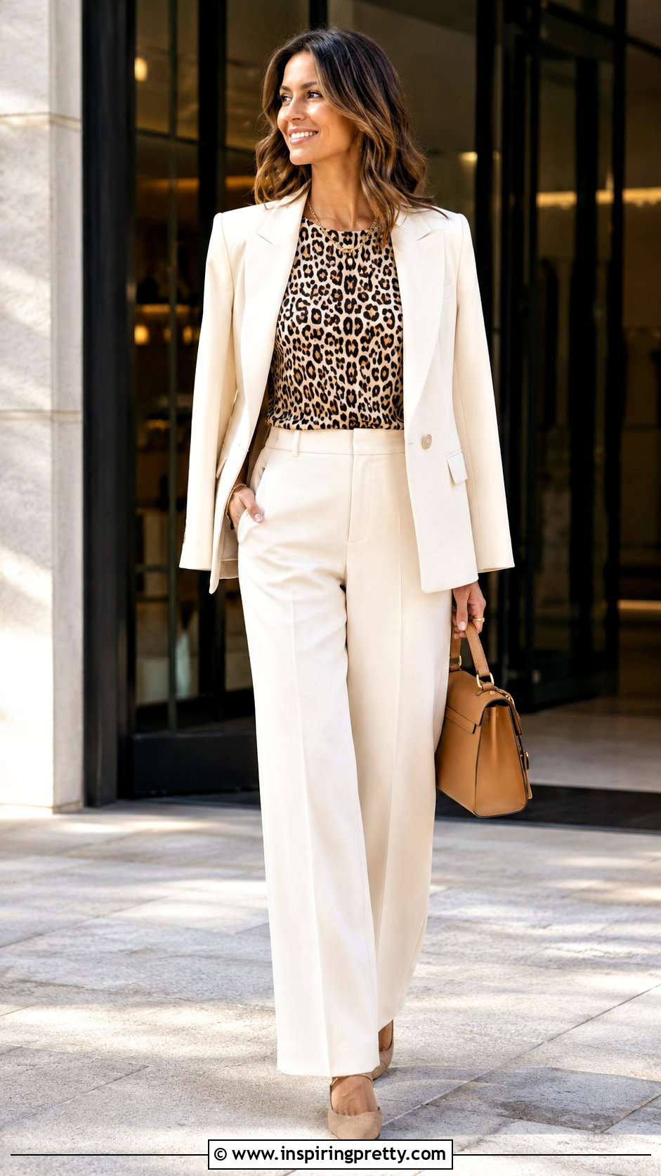 Leopard Top With Cream Blazer and Trousers - 50 Leopard Top outfit ideas