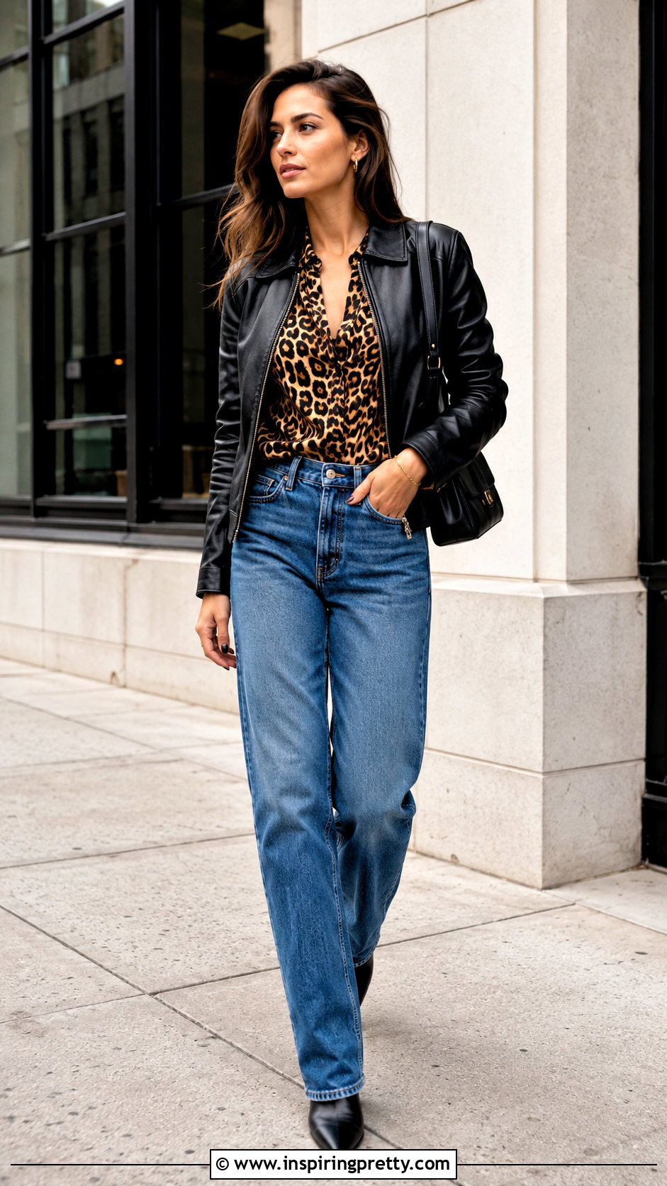 Leopard Top With Leather Jacket and Jeans - 50 Leopard Top outfit ideas