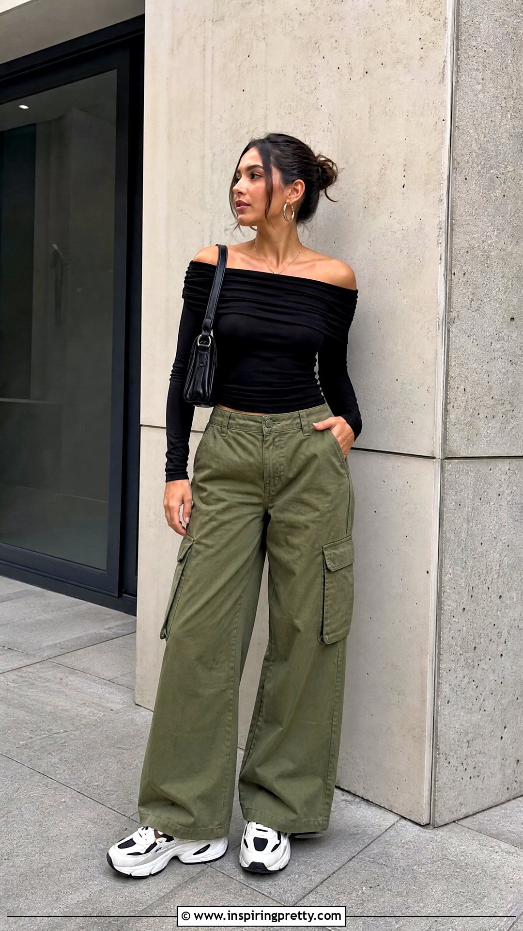 Leslie Black Off Shoulder Top With Cargo Pants - 25 Leslie Black Off Shoulder Top outfit ideas