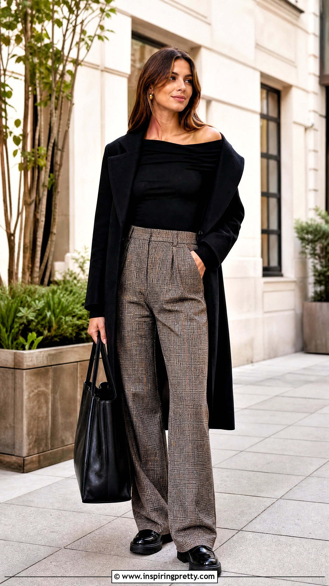 Leslie Black Off Shoulder Top With Plaid Trousers - 25 Leslie Black Off Shoulder Top outfit ideas