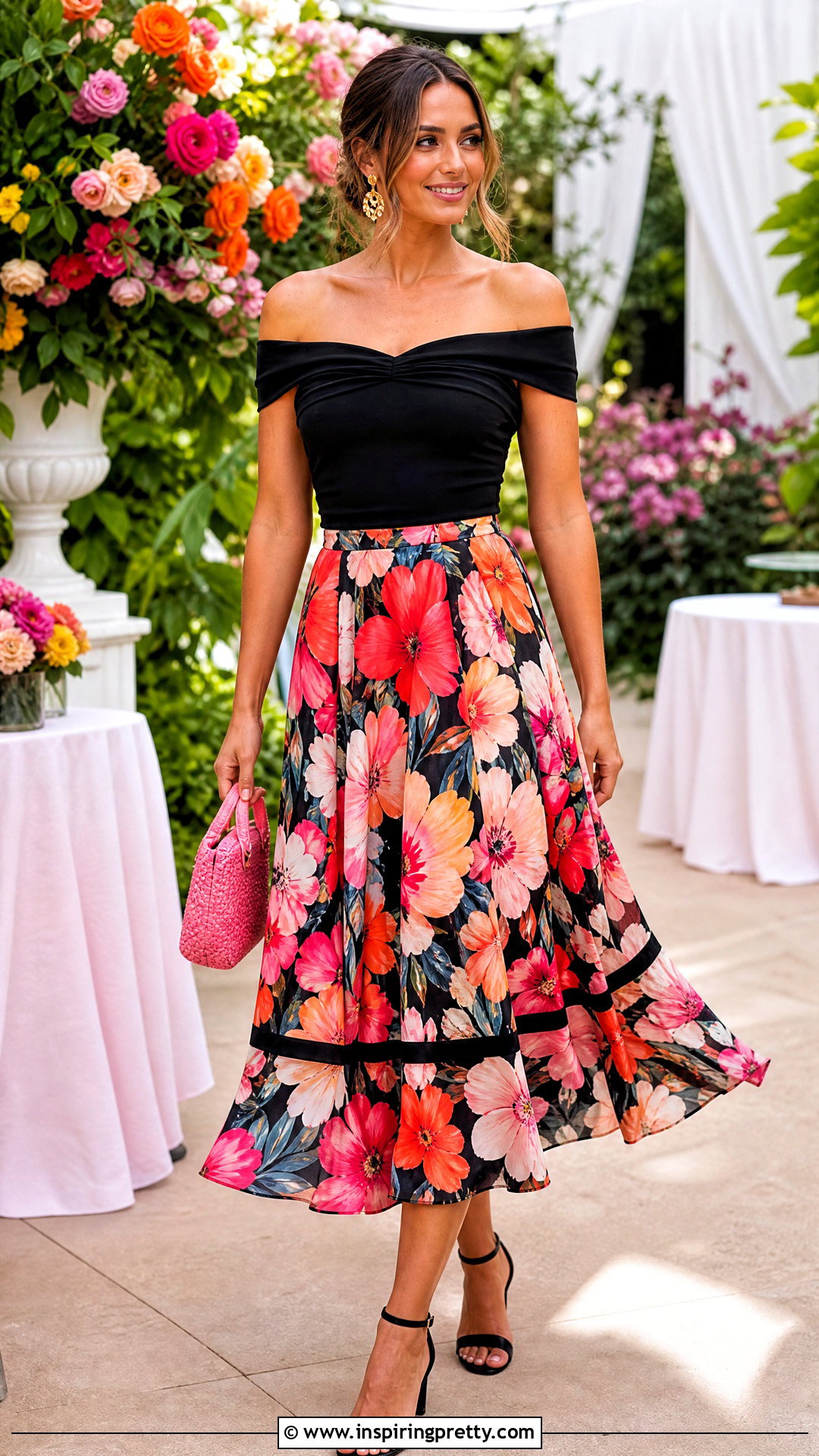 Leslie Black Off Shoulder Top With Printed Midi Skirt - 25 Leslie Black Off Shoulder Top outfit ideas