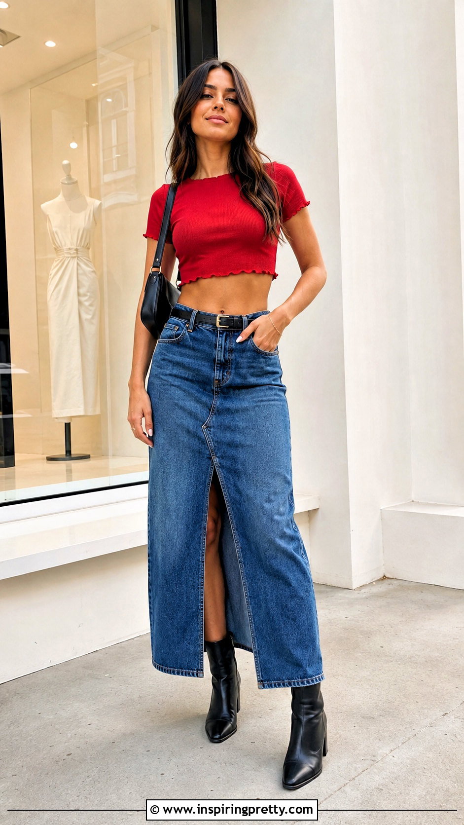 Lettuce Hem Crop Top With a Denim Maxi Skirt - 25 Lettuce Hem Crop Top outfit ideas