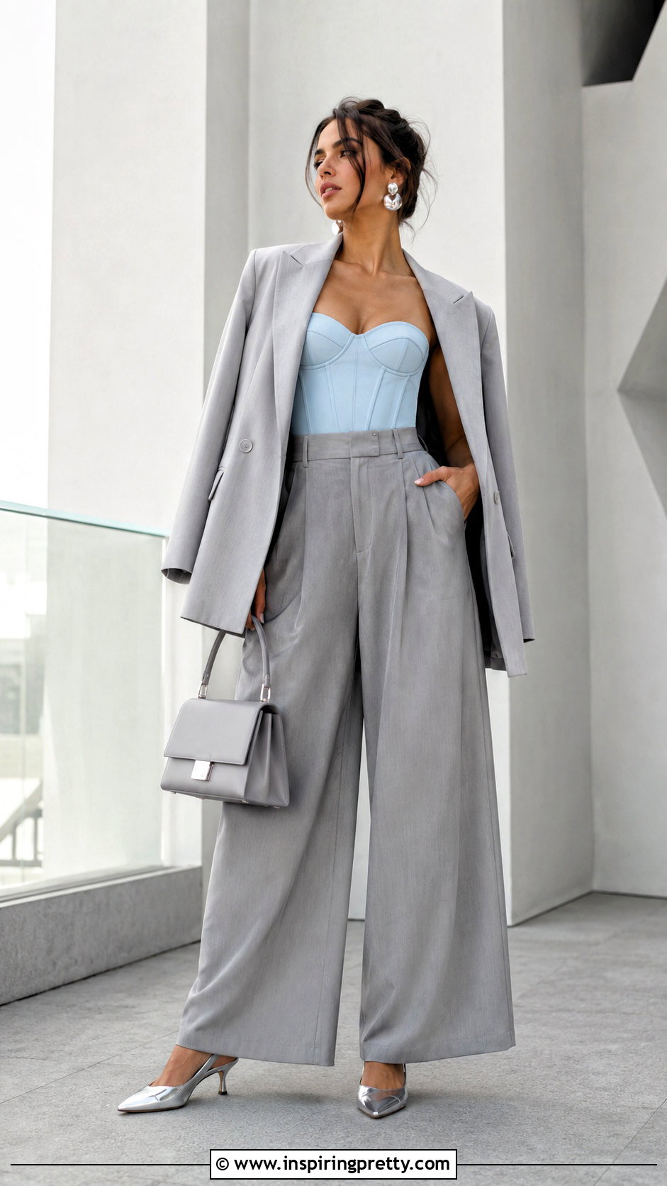 Light Blue Bustier Top With Gray Pleated Trousers - 20 Light Blue Bustier Top outfit ideas