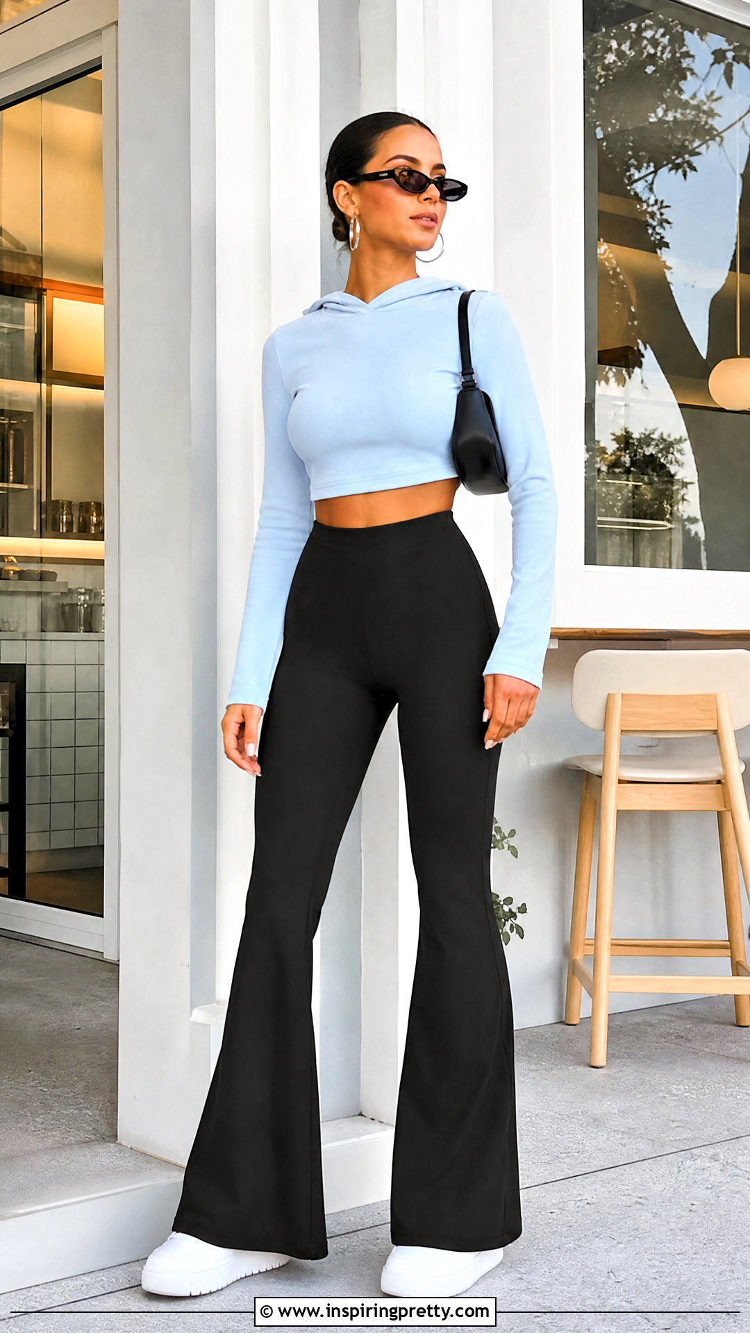 Light Blue Crop Hoodie With Flared Leggings - 20 light blue crop top hoodie outfit ideas