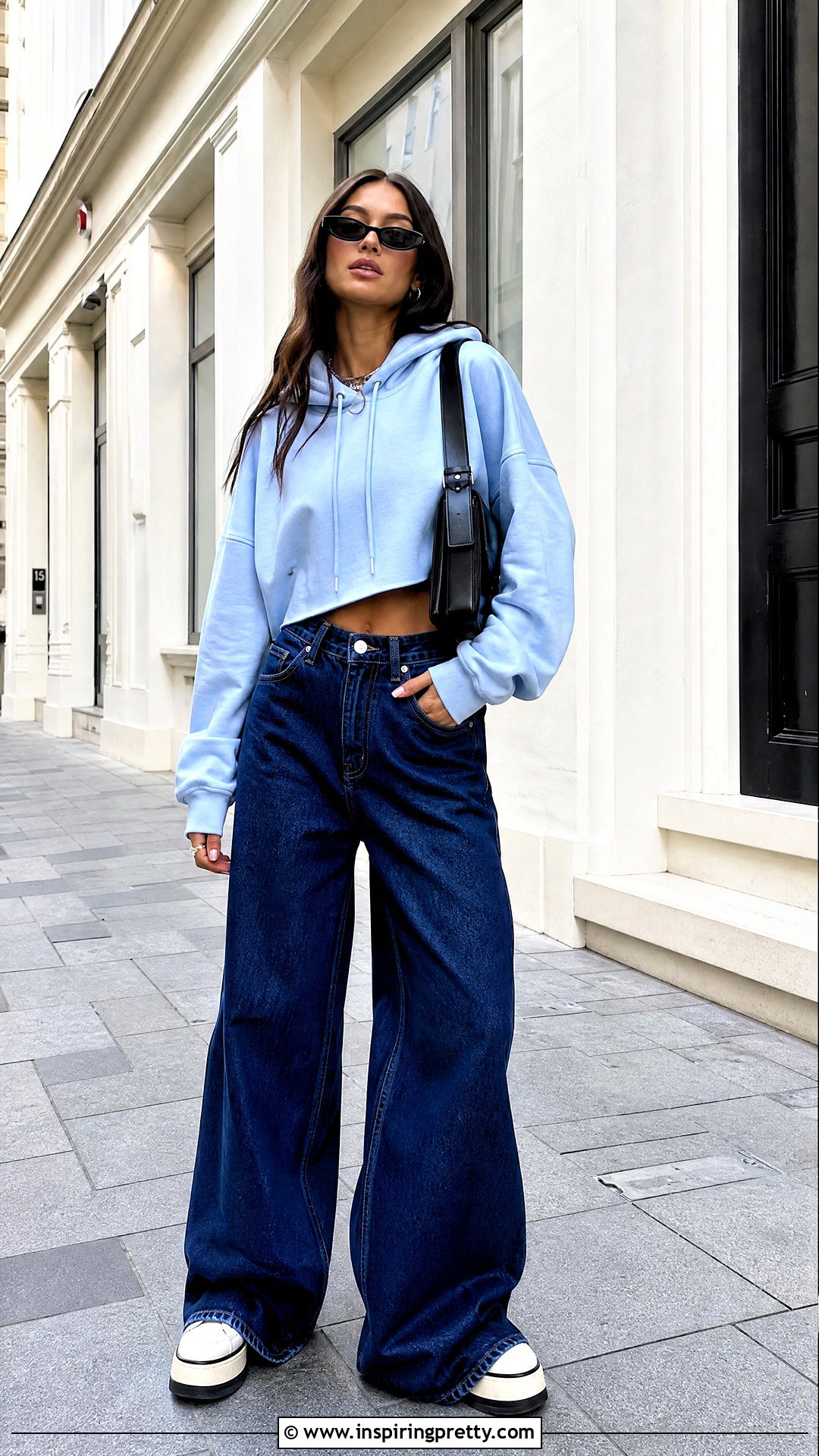 Light Blue Crop Hoodie With Wide Leg Jeans - 20 light blue crop top hoodie outfit ideas