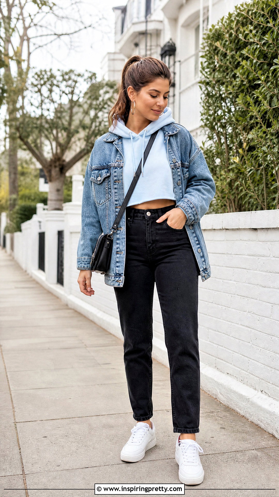 Light Blue Crop Hoodie With a Denim Jacket - 20 light blue crop top hoodie outfit ideas