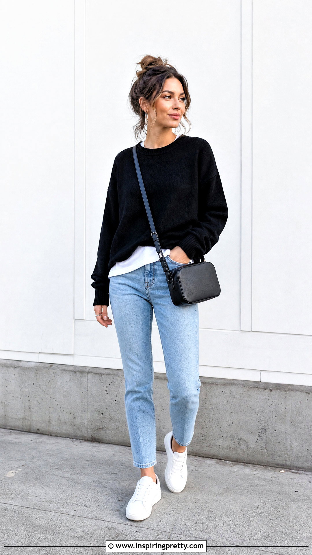 Light Blue Jeans And Black Crew Neck Sweater Outfit - 50 blue jeans and black top outfit ideas