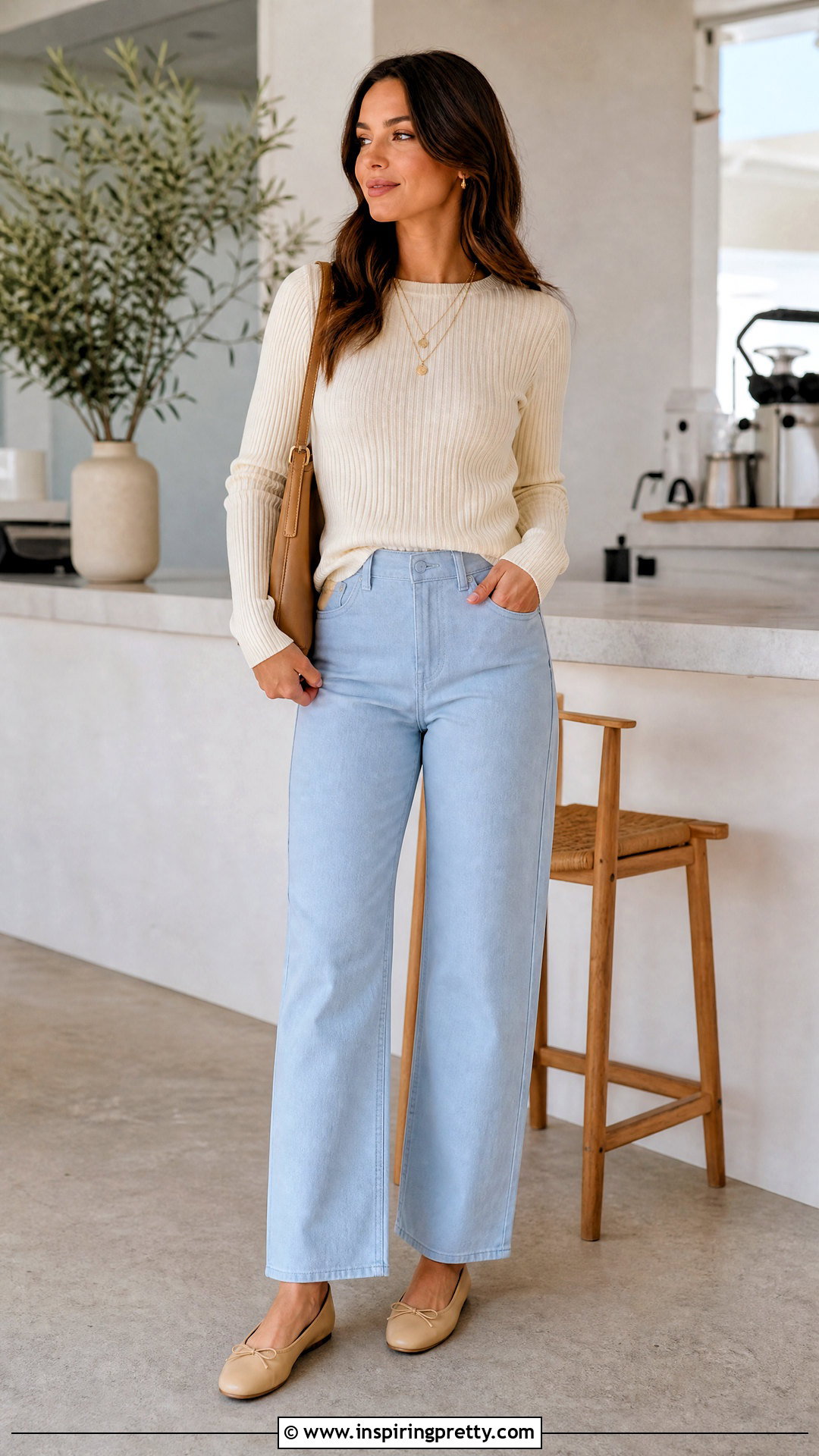 Light Blue Pants With Cream Knit Top and Flats - what color top goes with light blue pants (20 ways)