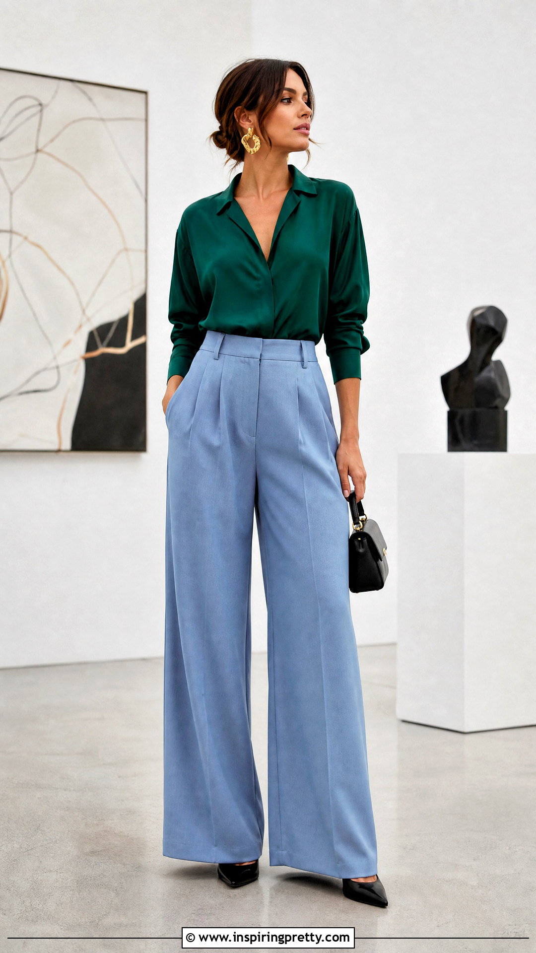 Light Blue Pants With Emerald Green Blouse and Black Heels - what color top goes with light blue pants (20 ways)