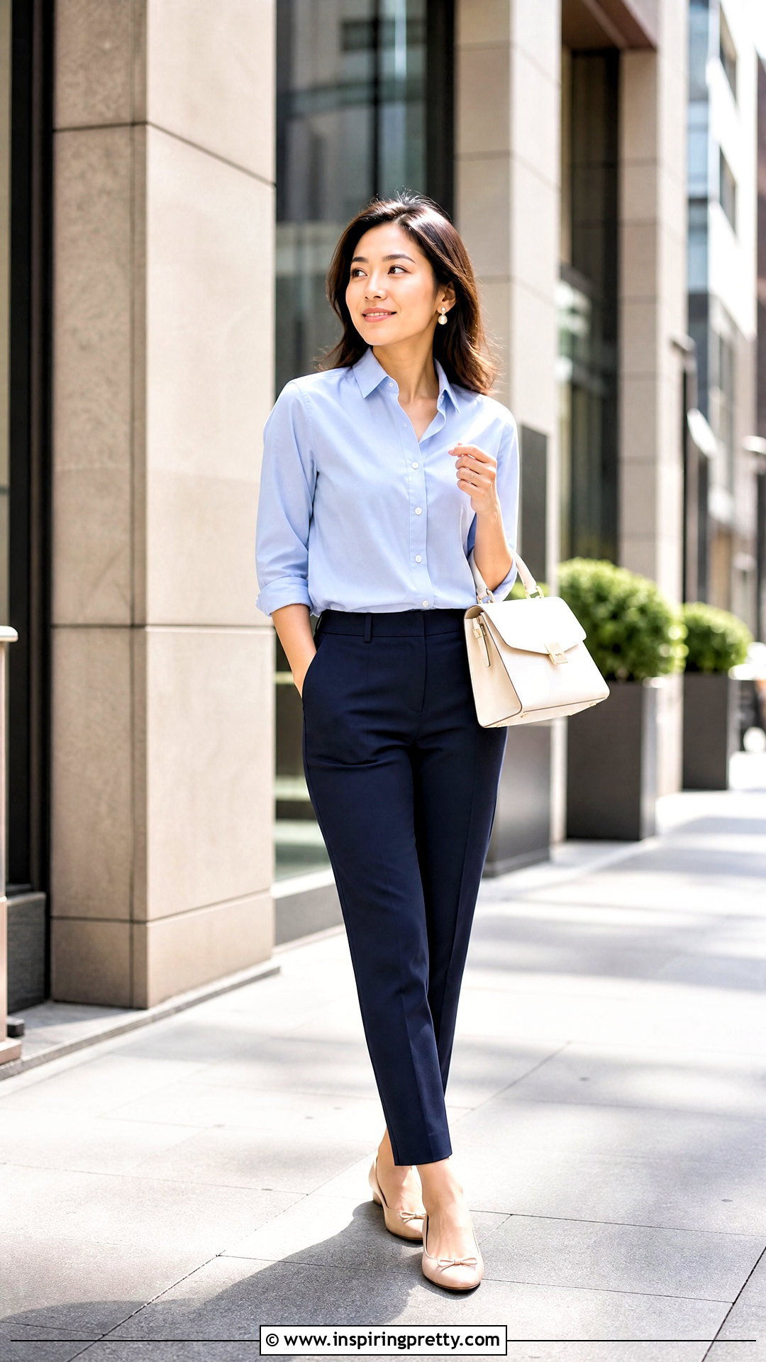 Light Blue Shirt With Navy Blue Pants And Flats - what color top to wear with blue pants (20 ways)