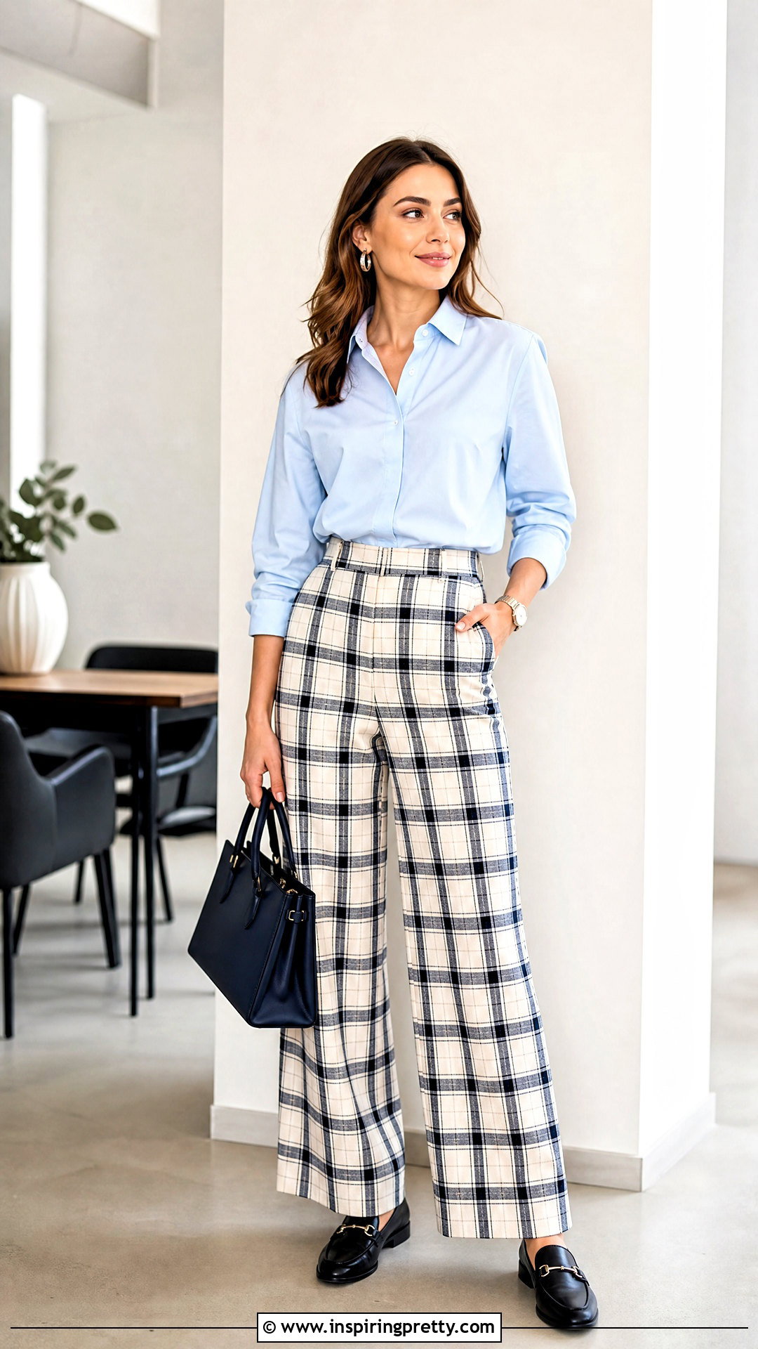Light Blue Top With Neutral Printed Pants - What Goes With Light Blue Top (25 Ways)