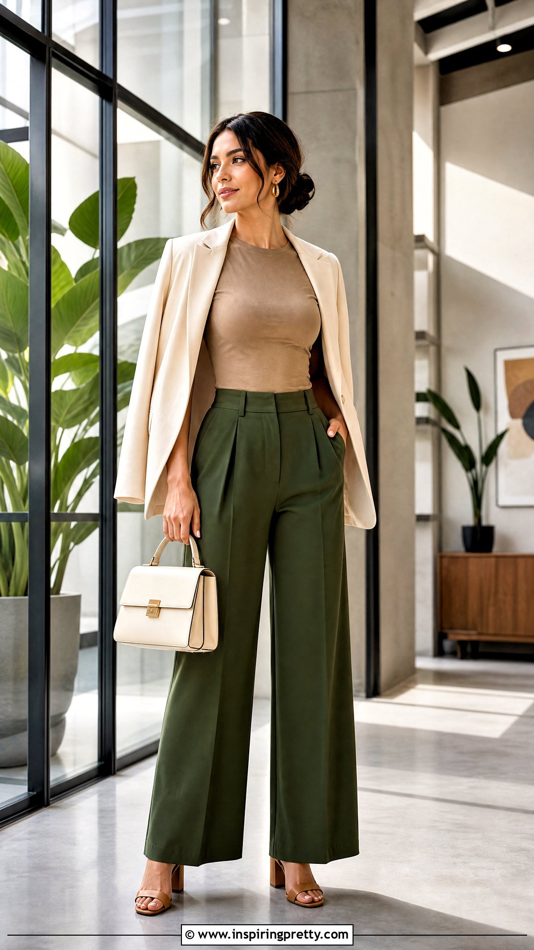 Light Brown Top With Green Wide Leg Pants - 50 light brown top outfit ideas