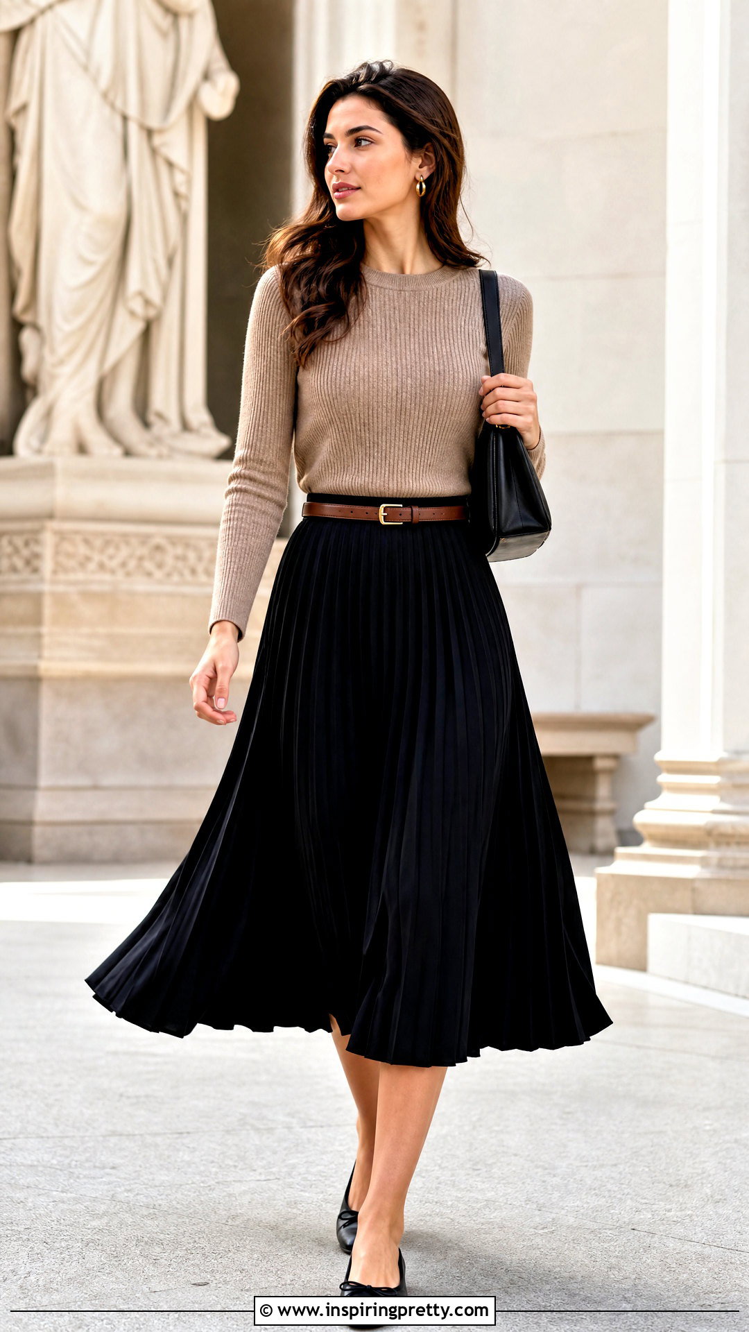 Light Brown Top With a Black Midi Skirt - 50 light brown top outfit ideas