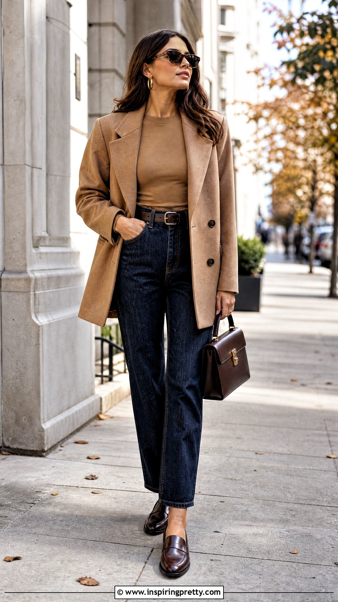 Light Brown Top With a Camel Blazer and Jeans - 50 light brown top outfit ideas