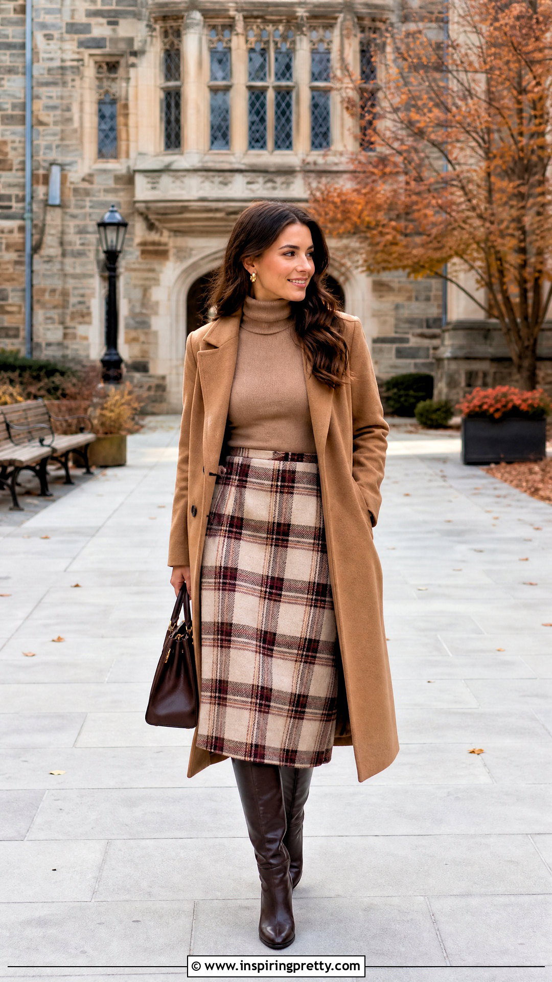 Light Brown Top With a Plaid Skirt - 50 light brown top outfit ideas