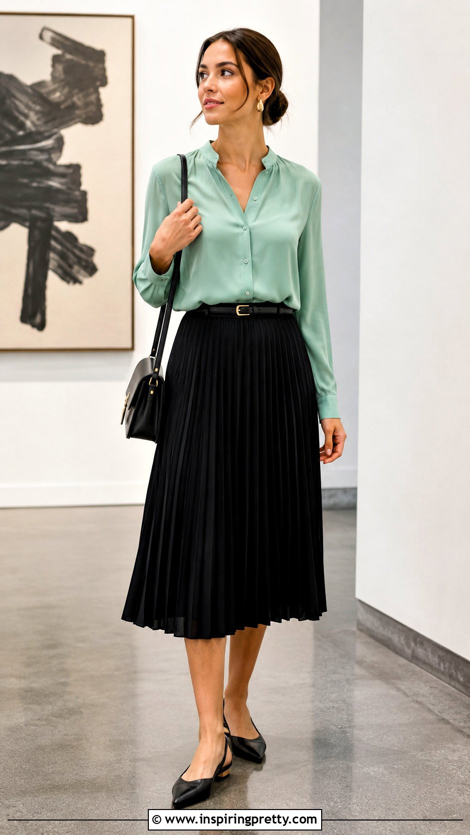 Light Green Top With Black Midi Skirt - 50 light green top outfit ideas