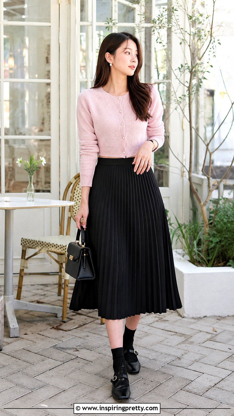 Light Pink Cardigan With Black Pleated Skirt - 25 Light Pink Top Black Skirt outfits