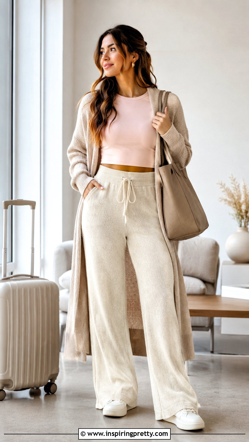 Light Pink Long Sleeve Crop Top With Cream Knit Pants - 20 Light Pink Long Sleeve Crop Top outfit ideas