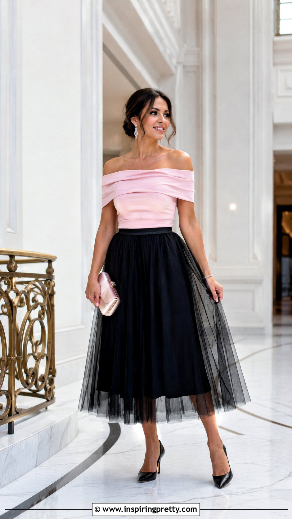 Light Pink Off Shoulder Top With Black Tulle Skirt - 25 Light Pink Top Black Skirt outfits