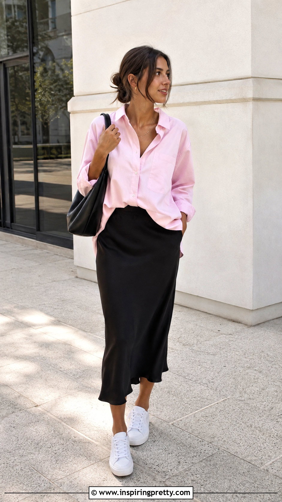 Light Pink Oversized Shirt With Black Slip Skirt - 25 Light Pink Top Black Skirt outfits