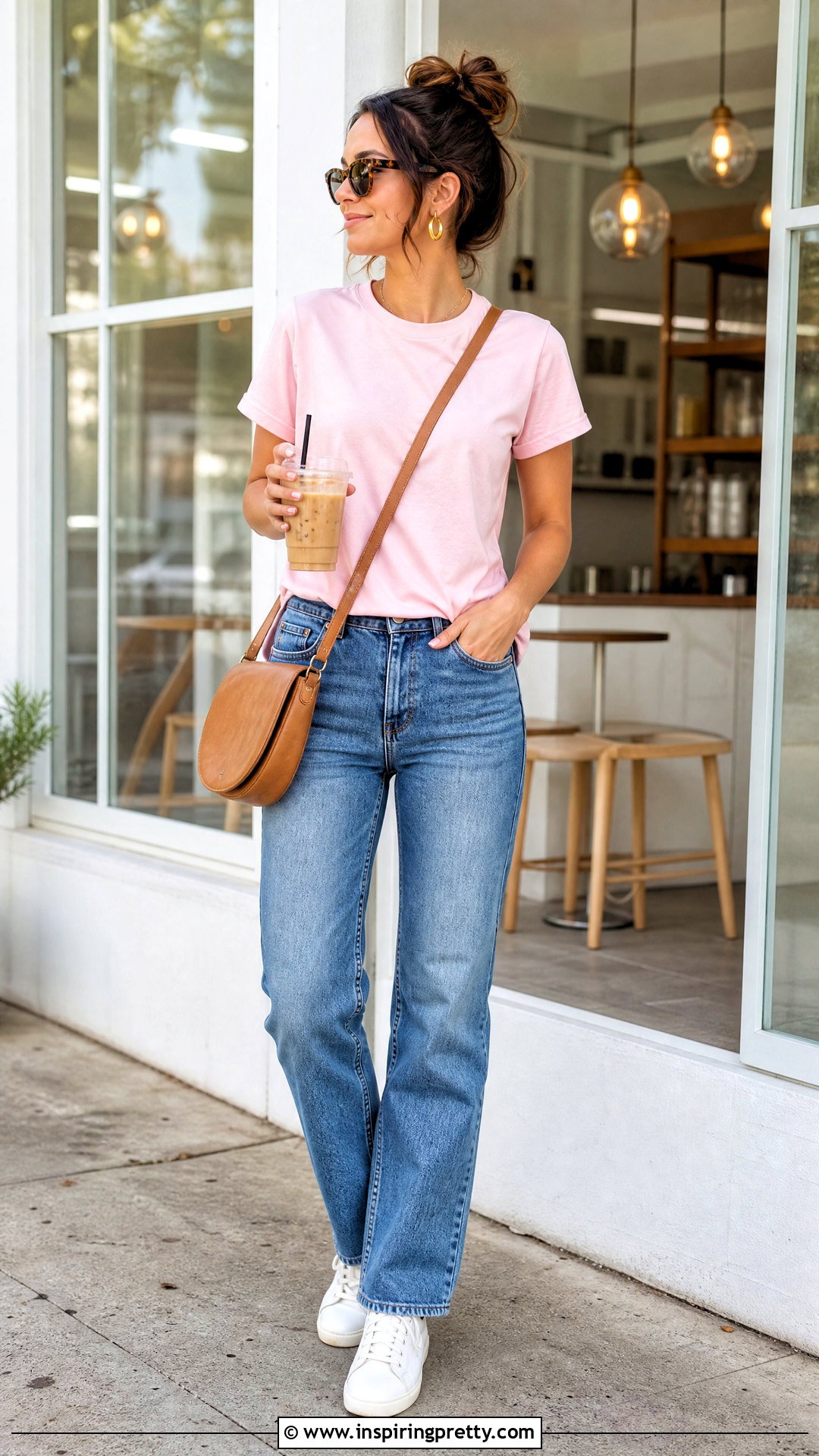 Light Pink T Shirt With Straight Leg Jeans - 20 Casual Outfit With Pink Top And Accessories