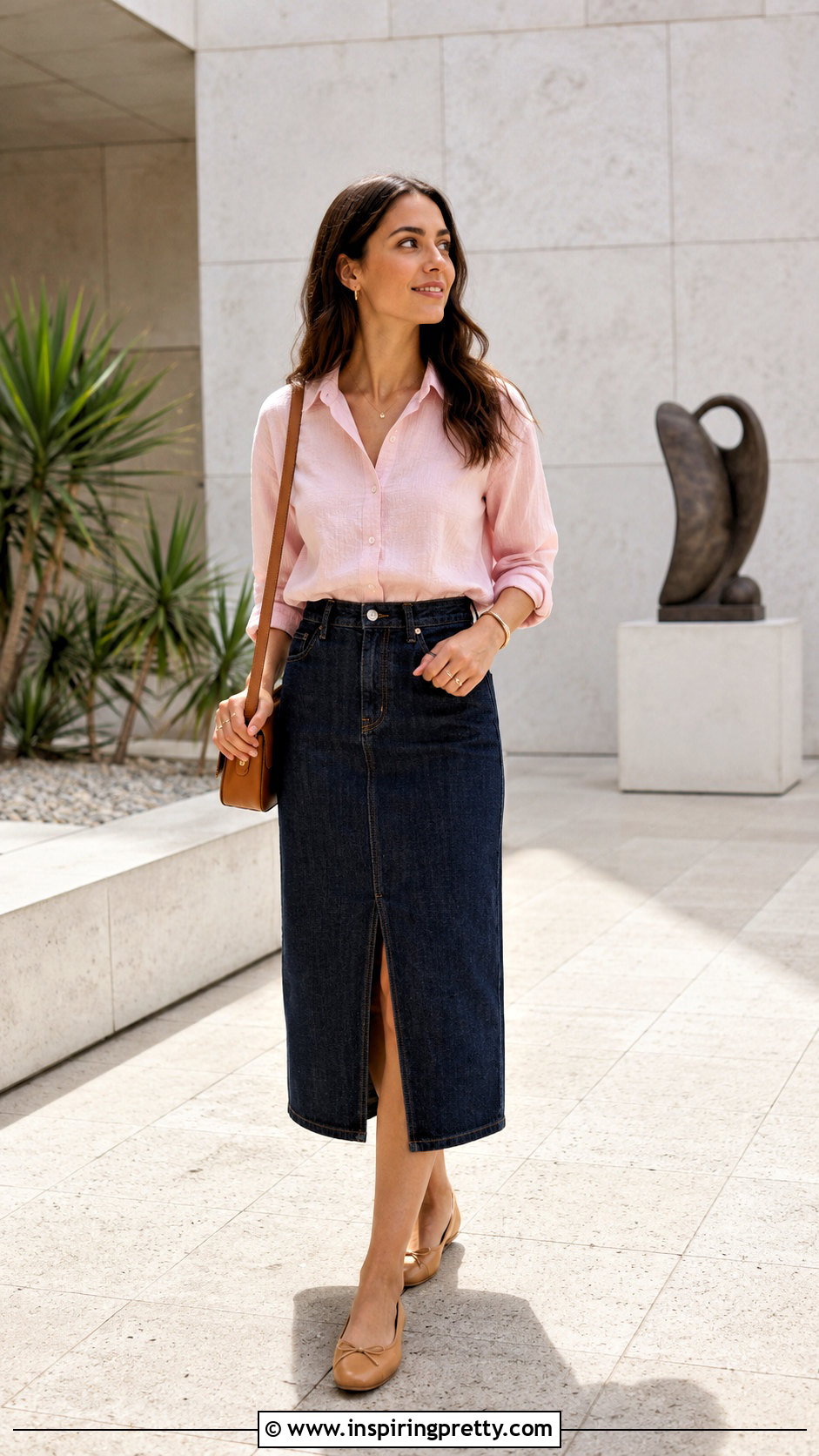 Light Pink Top With Denim Midi Skirt - 50 light pink top outfit ideas