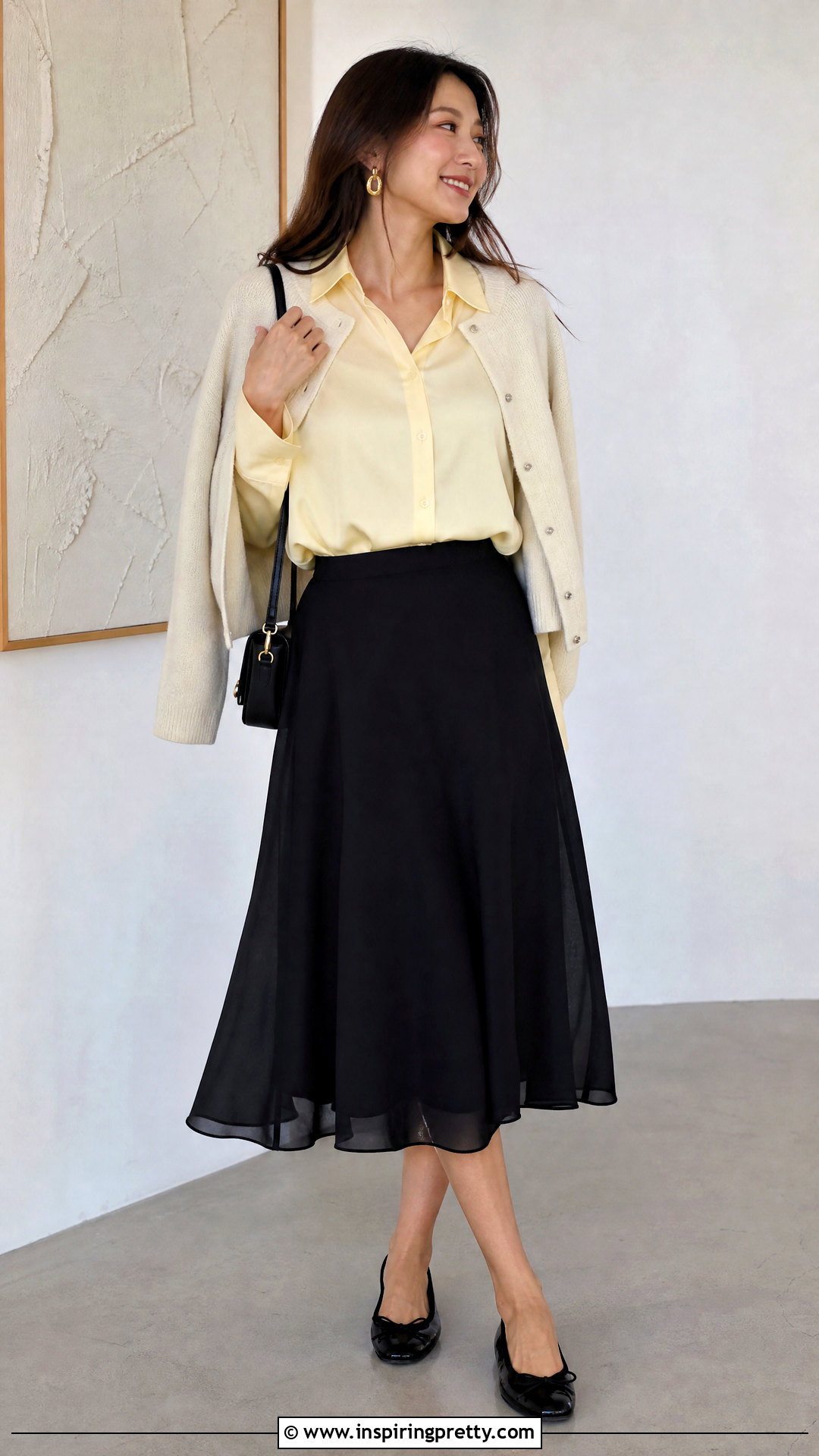 Light Yellow Top With Black Midi Skirt - 50 light yellow top outfit ideas