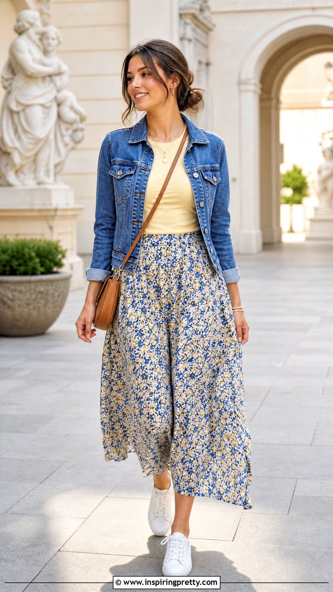 Light Yellow Top With Long Floral Skirt And Sneakers - 50 light yellow top outfit ideas