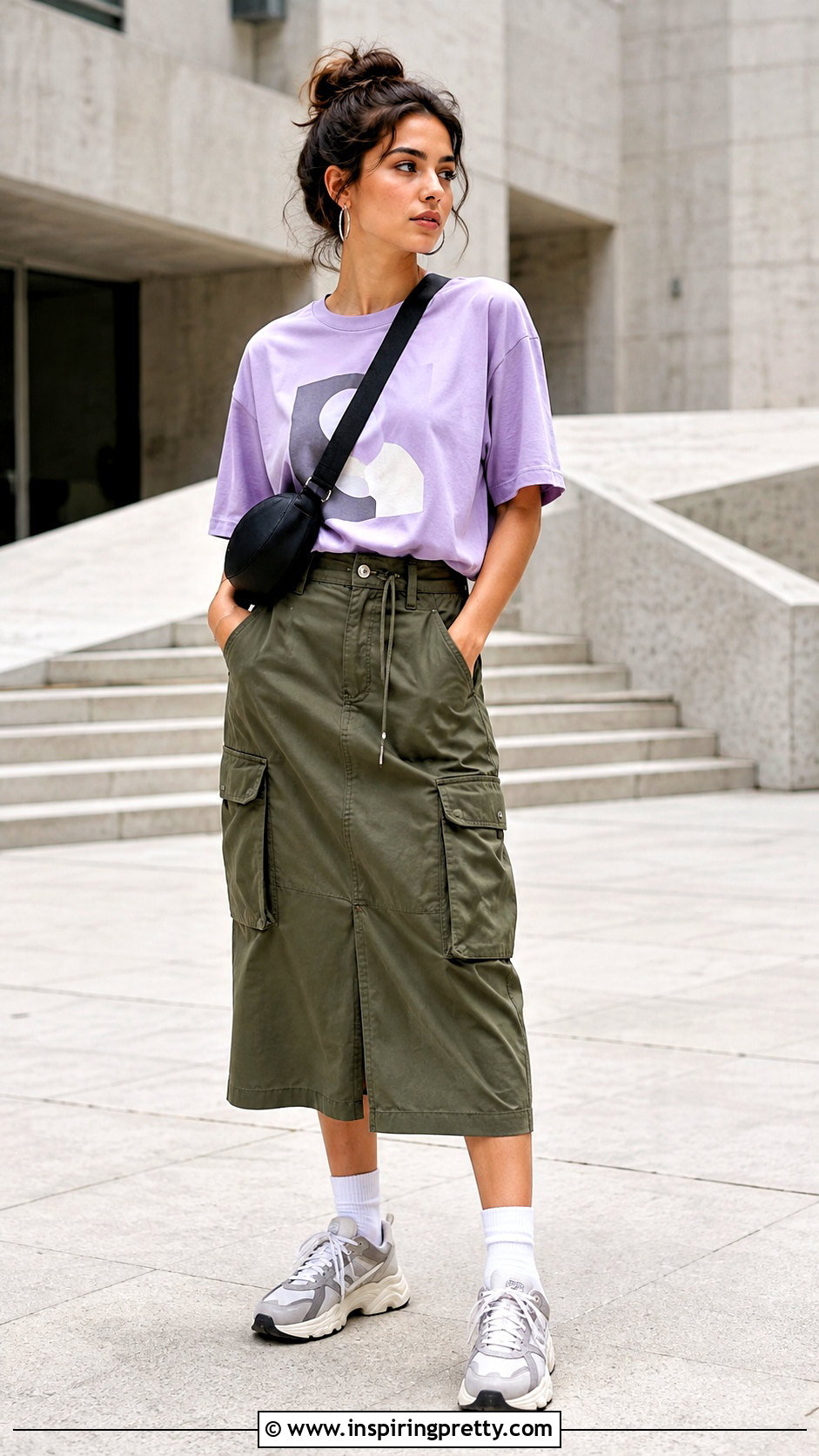 Lilac Graphic Top With Cargo Skirt - 50 lilac tops outfit ideas