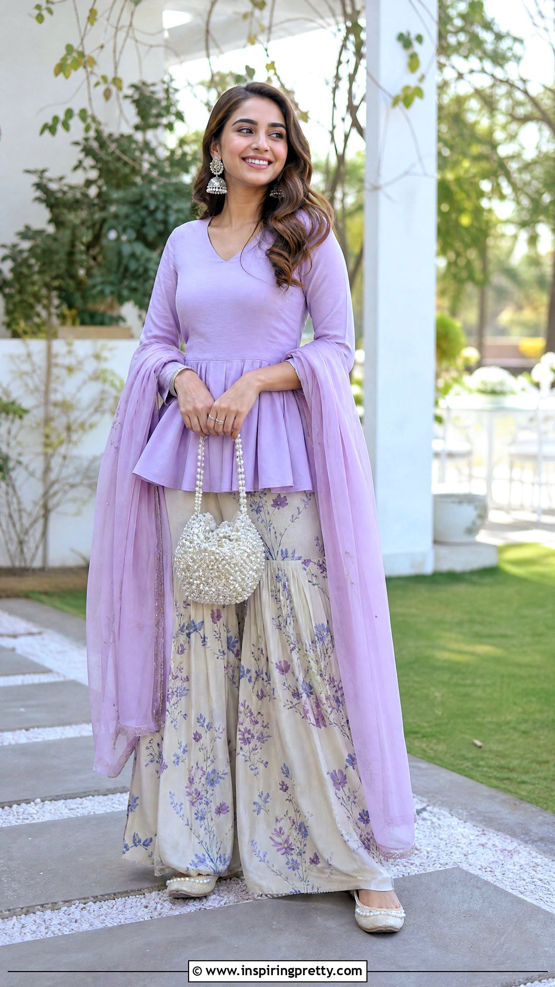 Lilac Peplum Top With Printed Sharara - 50 peplum top with sharara outfit ideas