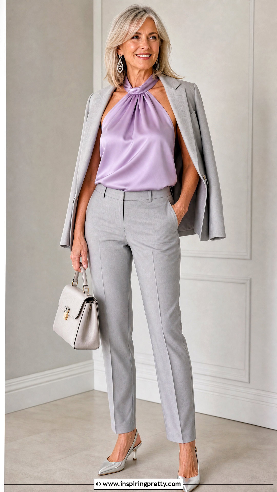 Lilac Satin Halter Top With Gray Trousers - 50 satin halter top outfit ideas