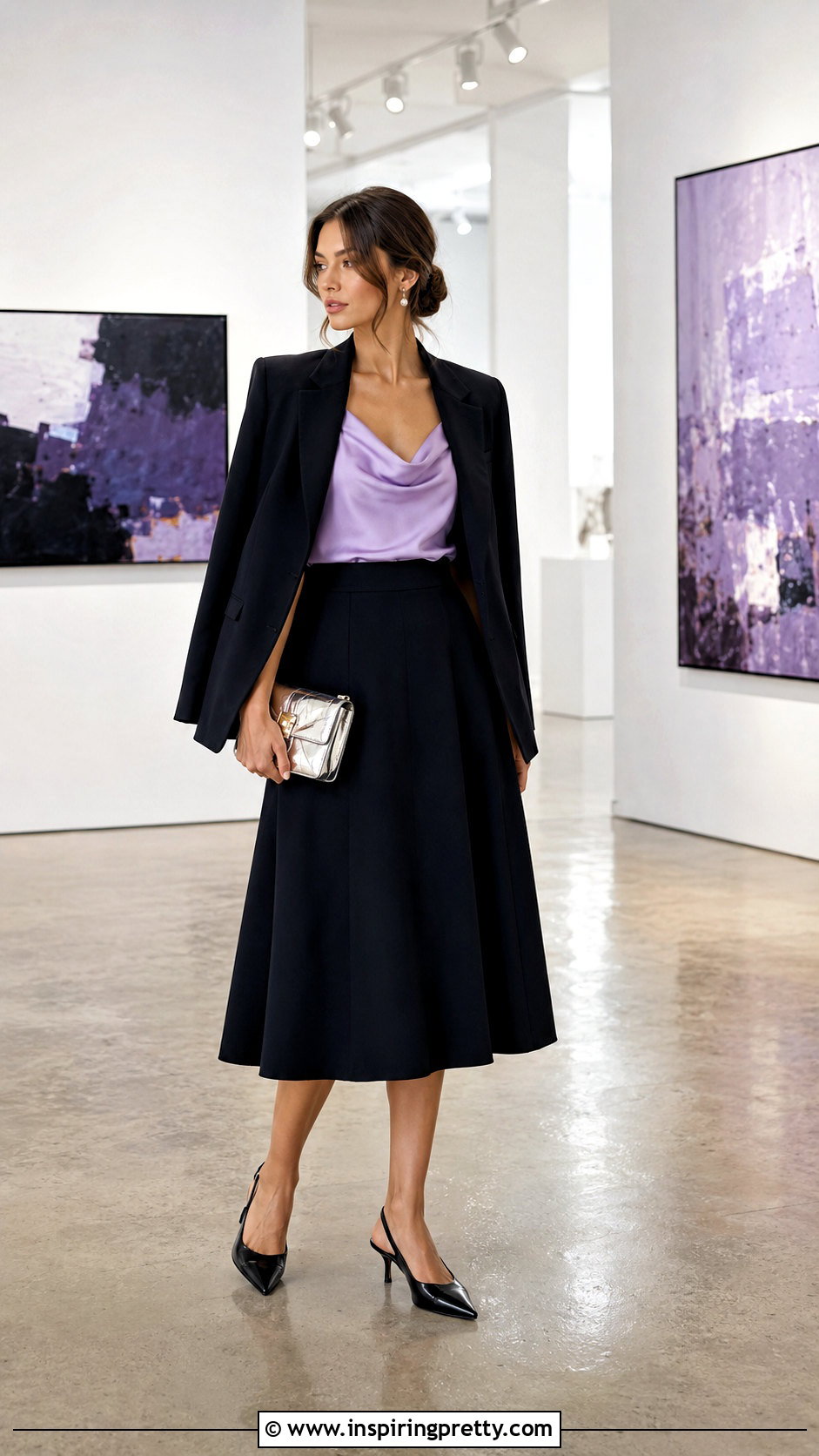 Lilac Satin Top With Black Midi Skirt - 50 lilac tops outfit ideas
