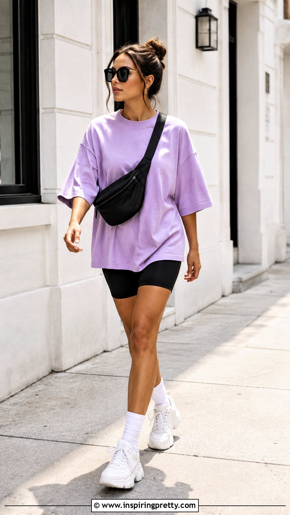 Lilac Top With Black Biker Shorts - 50 lilac tops outfit ideas