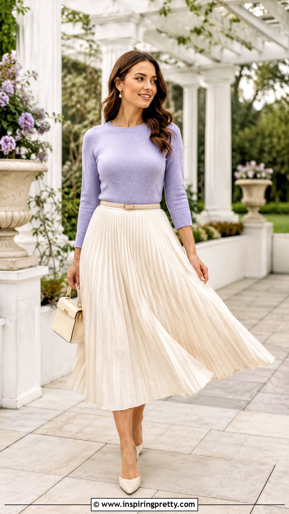 Lilac Top With Pleated Midi Skirt - 50 lilac tops outfit ideas