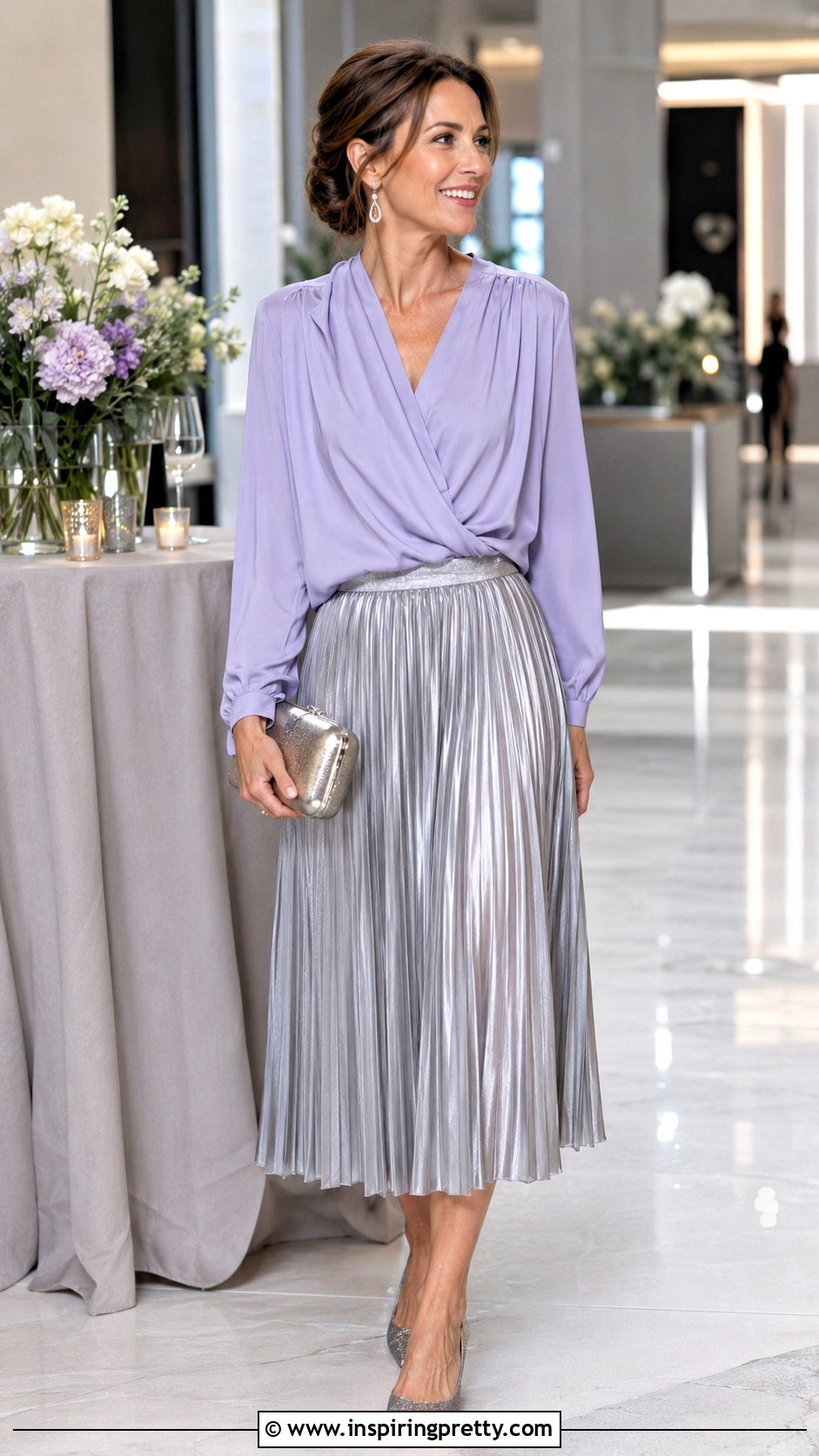 Lilac Top With Silver Midi Skirt - 50 lilac top outfit ideas