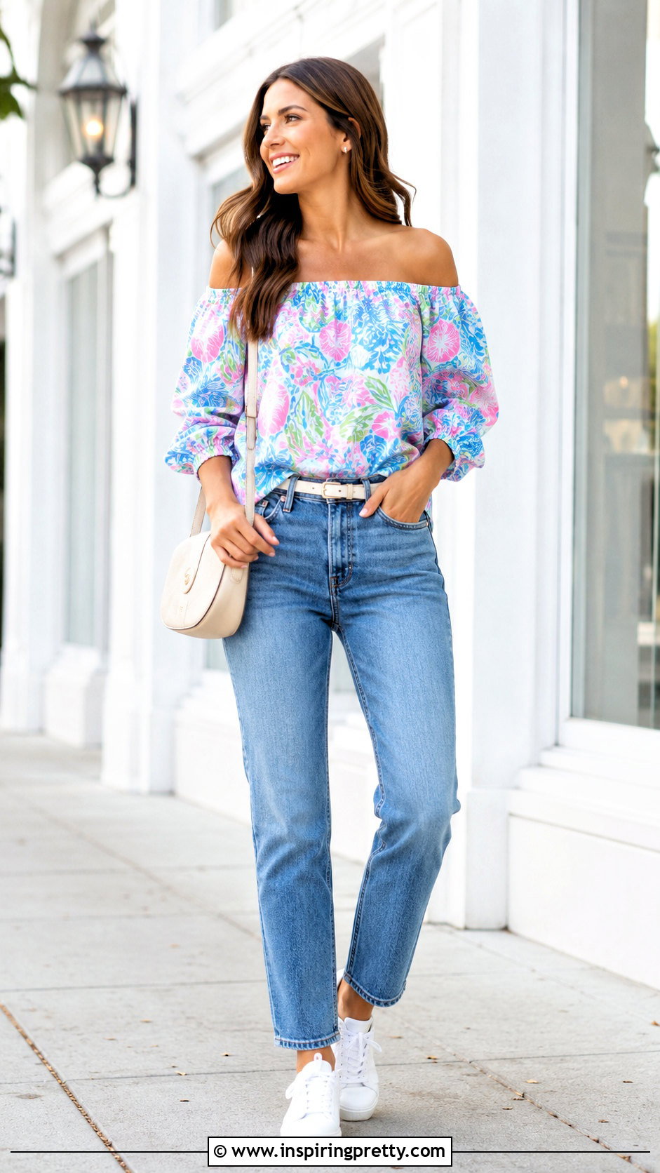 Lilly Pulitzer Off the Shoulder Top With Straight Leg Jeans - 20 lilly pulitzer off the shoulder top outfit ideas