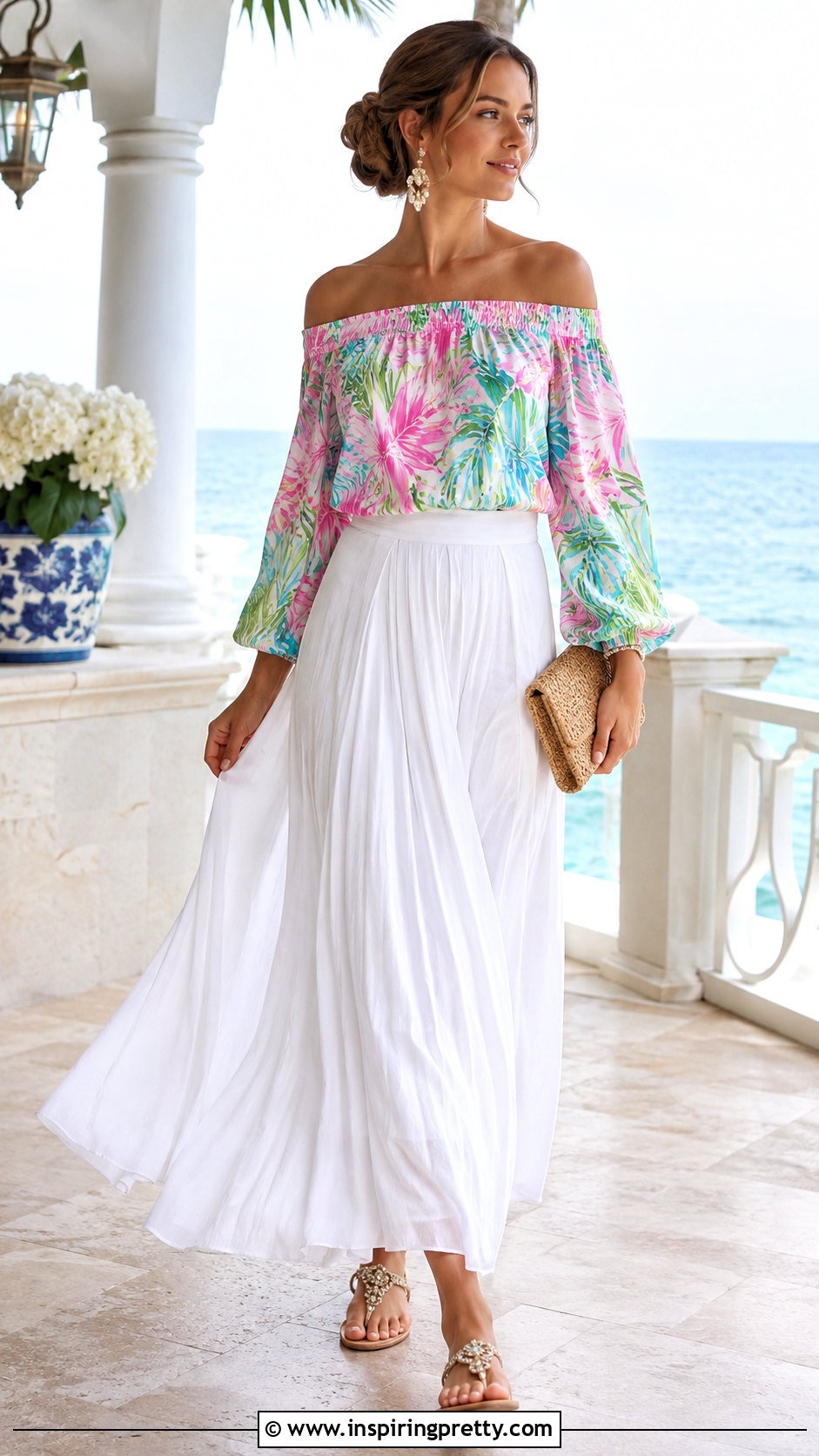 Lilly Pulitzer Off the Shoulder Top With White Maxi Skirt - 20 lilly pulitzer off the shoulder top outfit ideas