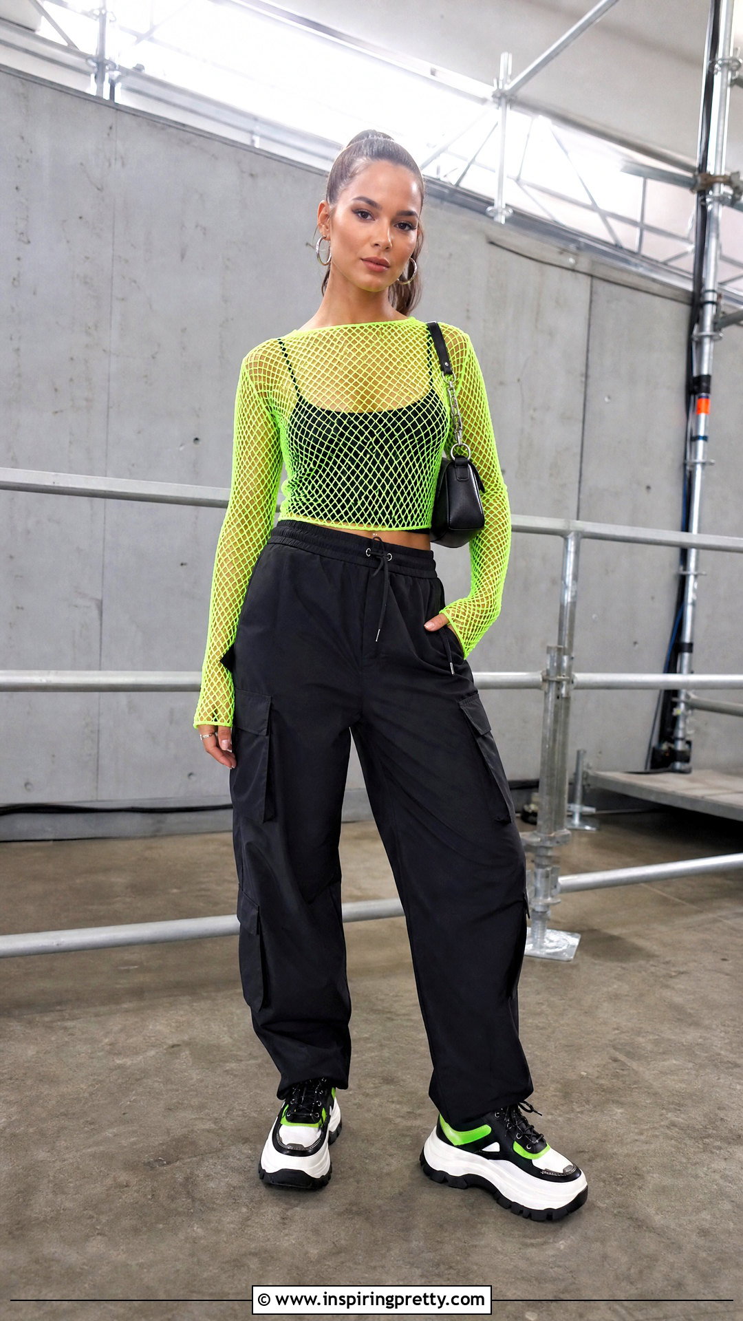 Lime Green Mesh Top With Black Cargo Pants - 50 lime green top outfit ideas
