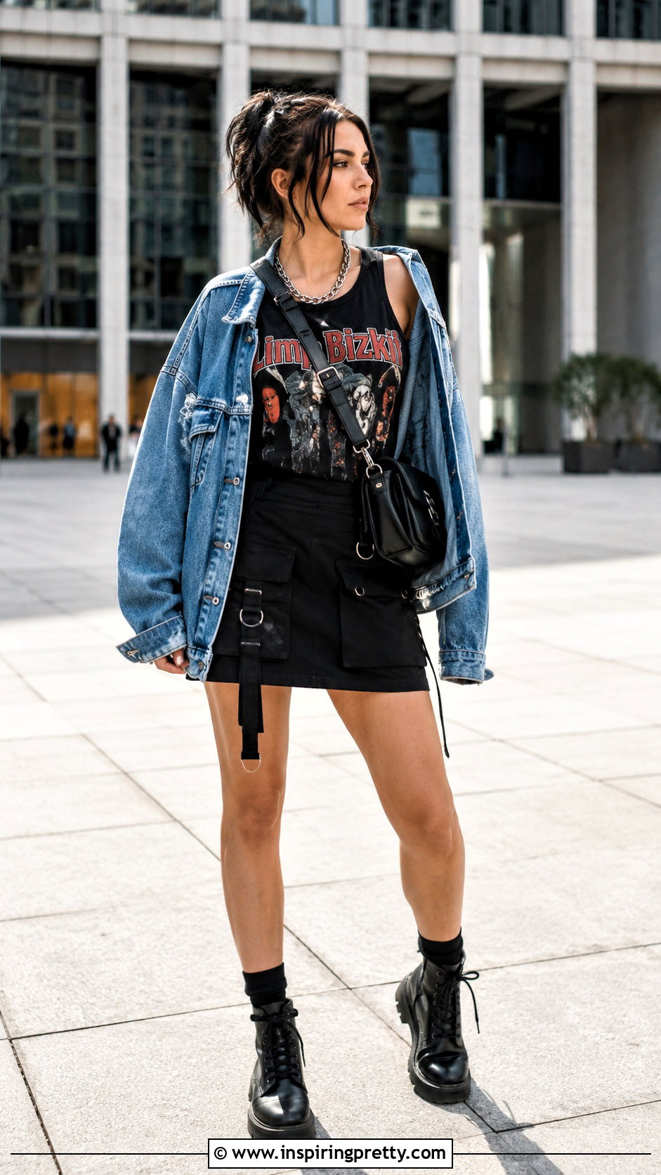Limp Bizkit Tank Top With Denim Jacket And Black Mini Skirt - 25 limp bizkit tank top outfit ideas