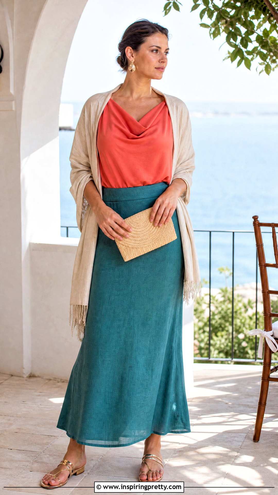 Linen Blend Maxi Skirt And Draped Blouse - 50 wedding guest skirt and top outfit ideas