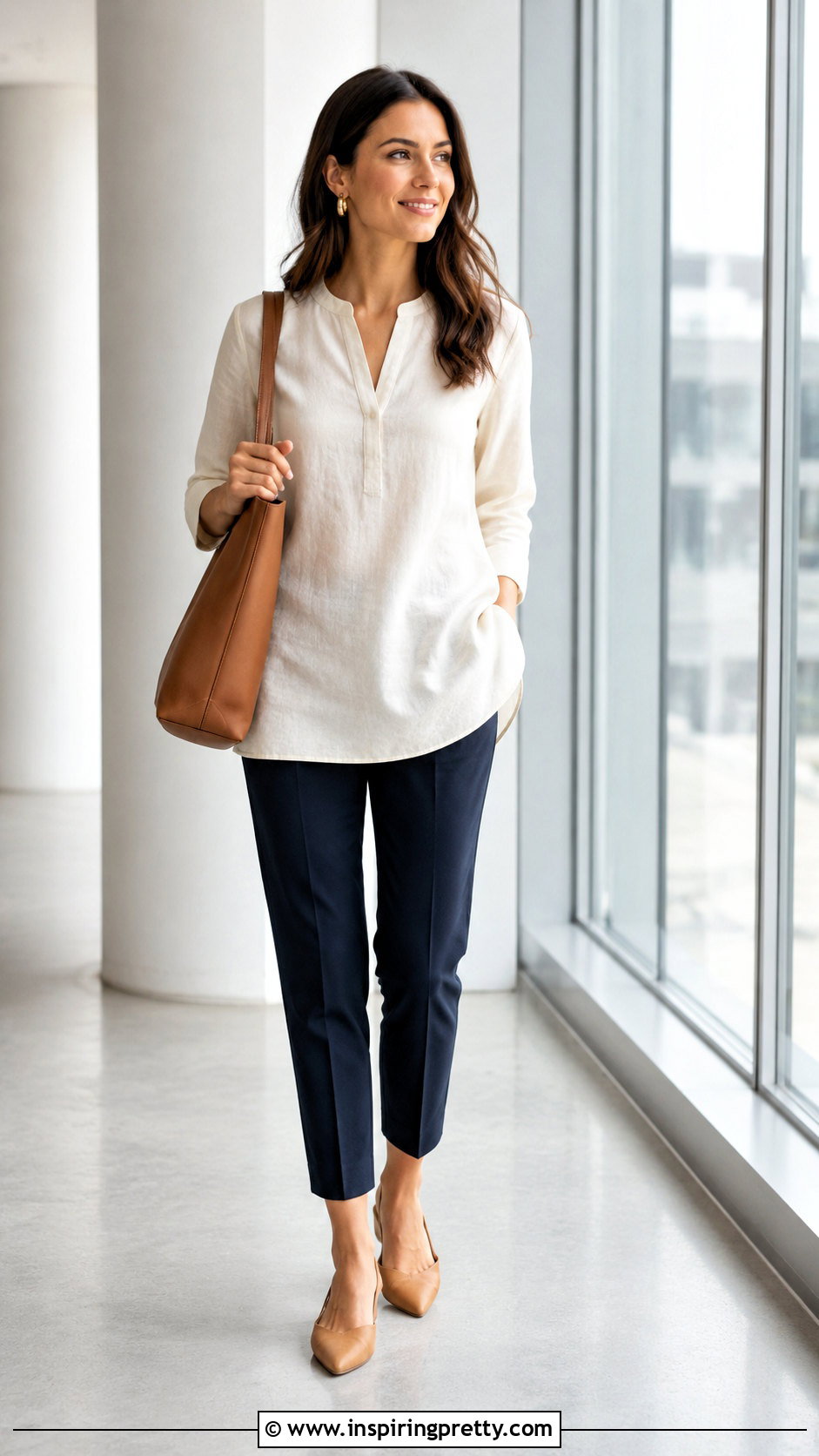Linen Blend Tunic Top With Cropped Trousers - 20 business casual tunic tops outfit ideas