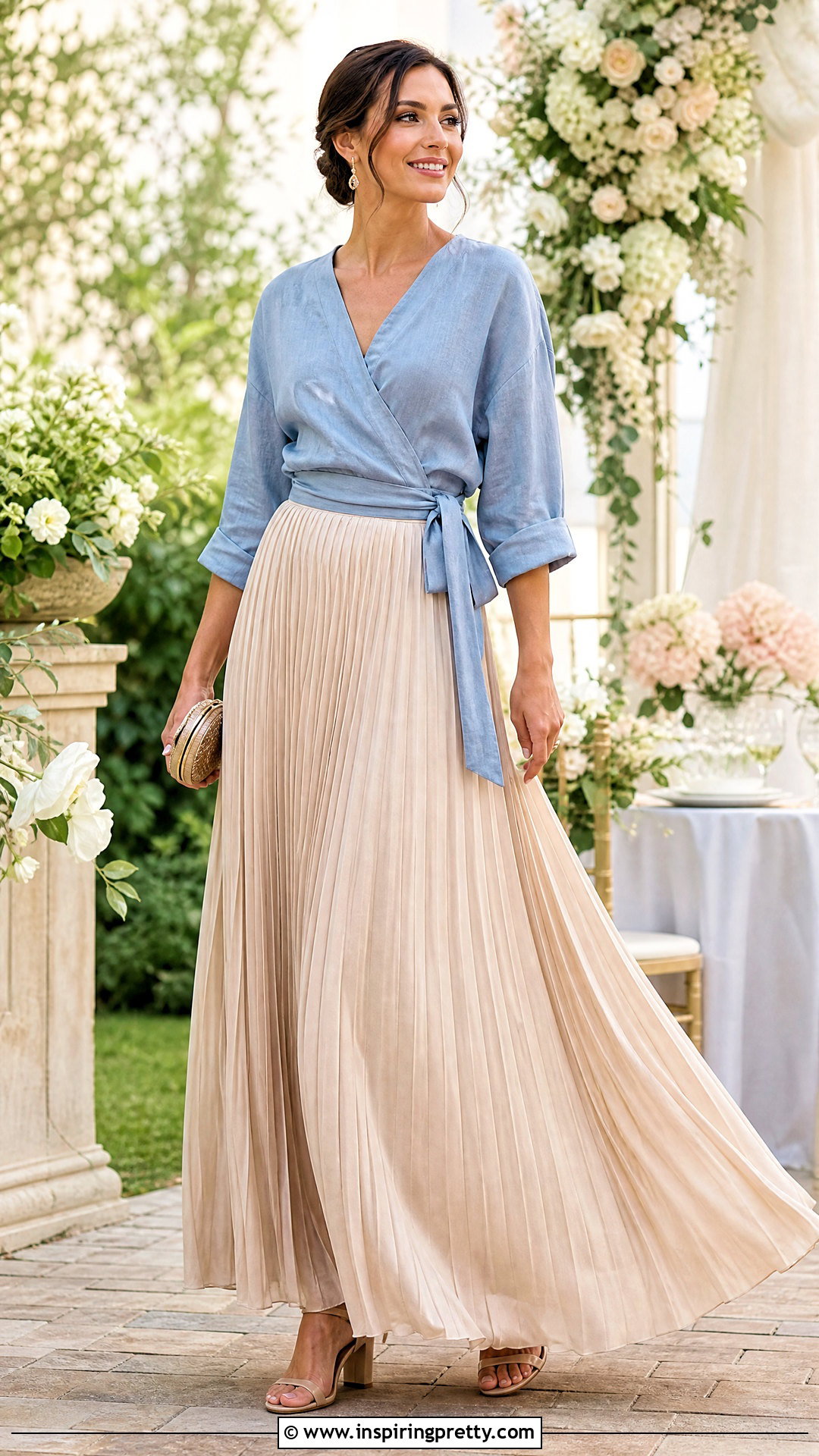 Linen Blouse With Pleated Maxi Skirt - 50 linen top outfit ideas