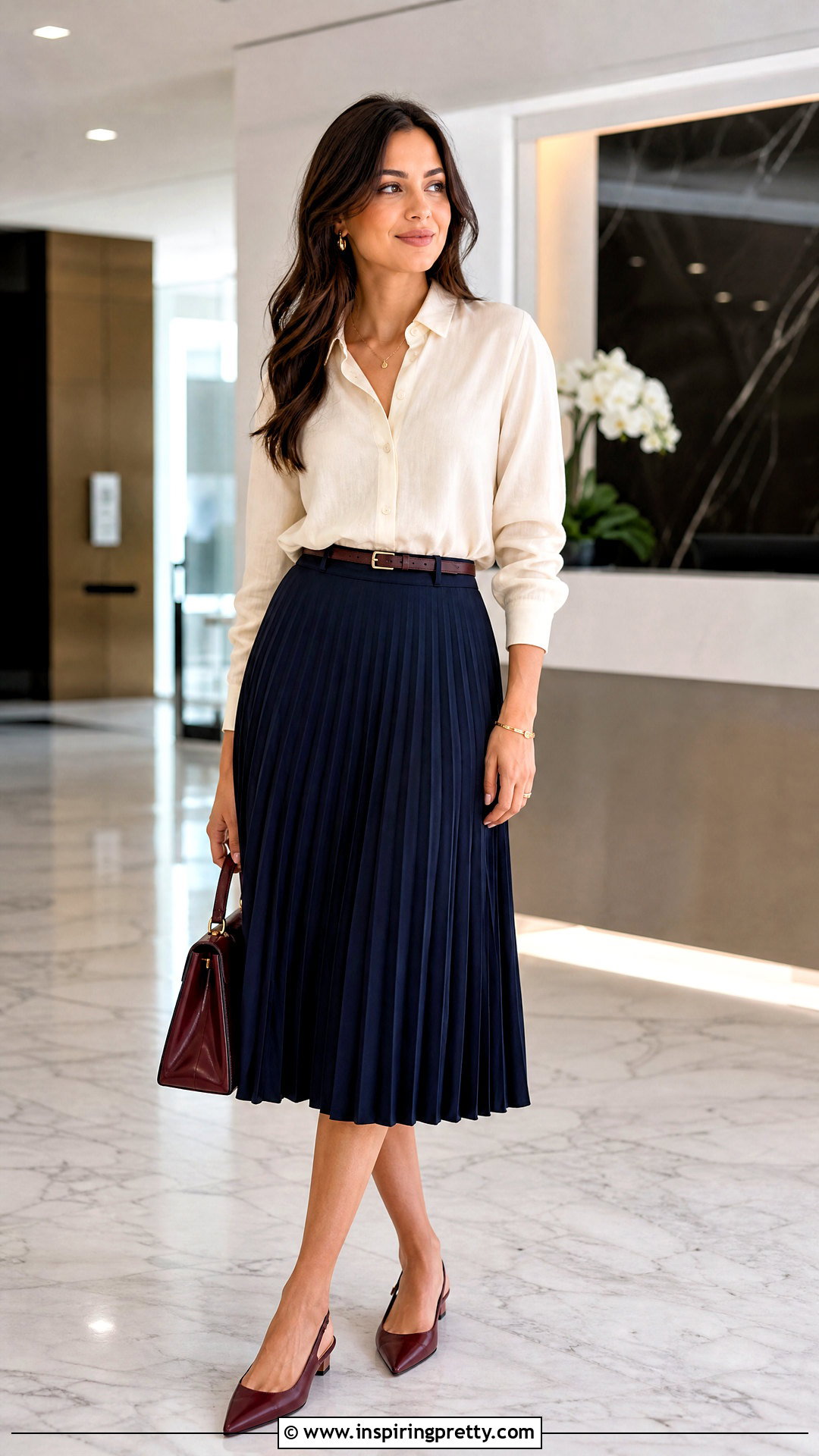Linen Blouse With Pleated Midi Skirt - 50 linen top outfit ideas