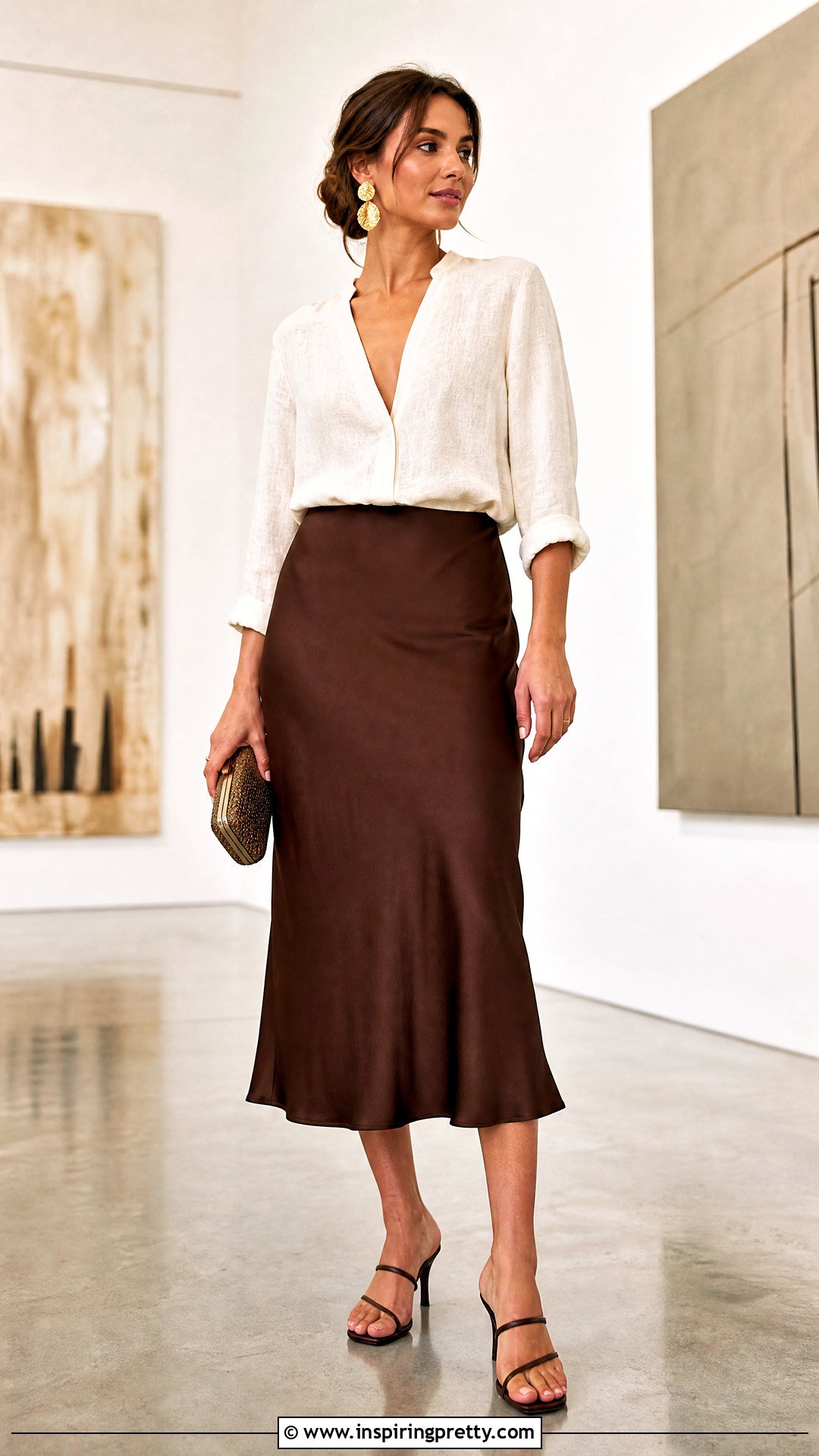 Linen Blouse With Satin Midi Skirt - 50 linen top outfit ideas
